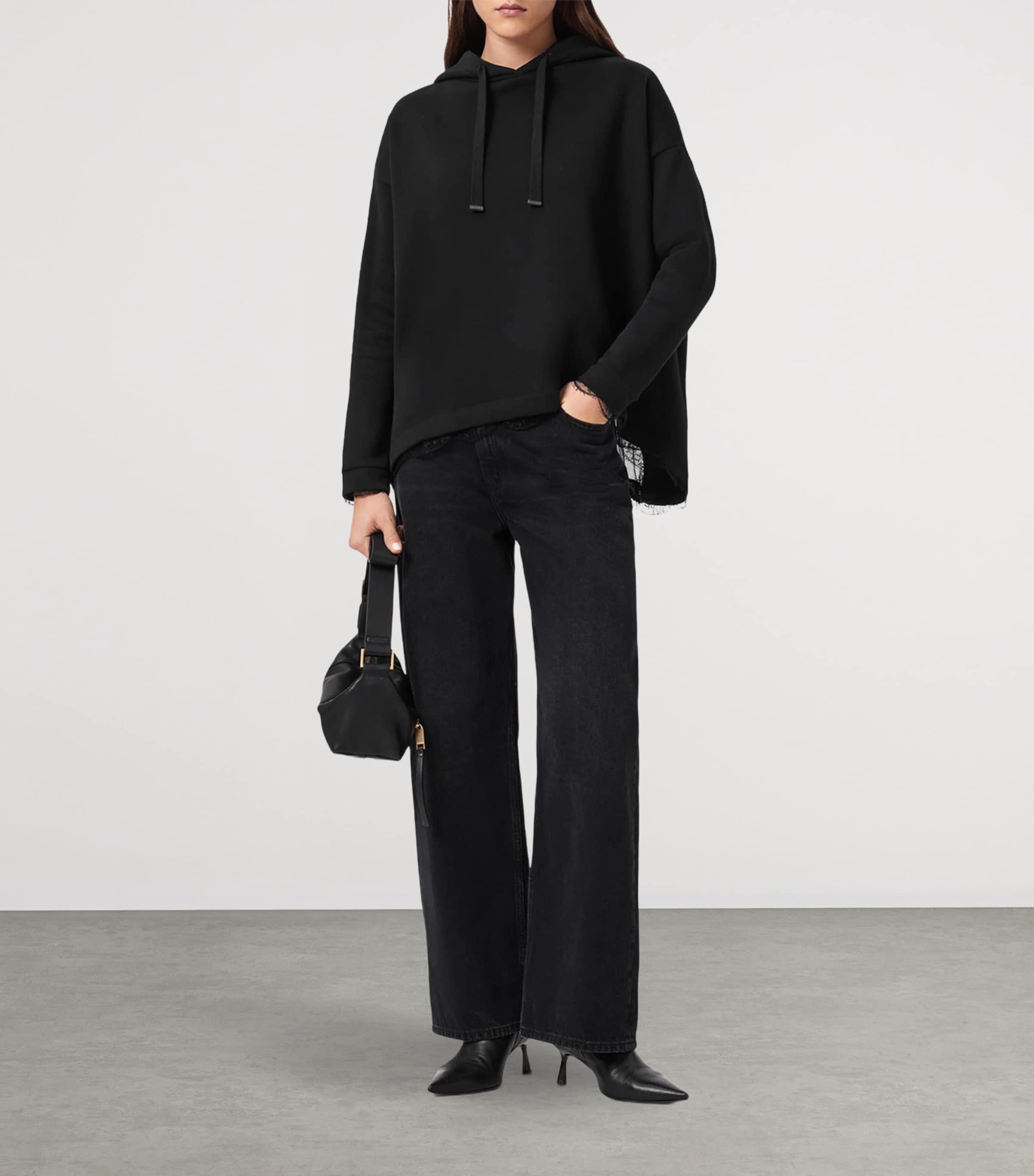 AllSaints Womens Lace-Trim Hoodie Black Image 5