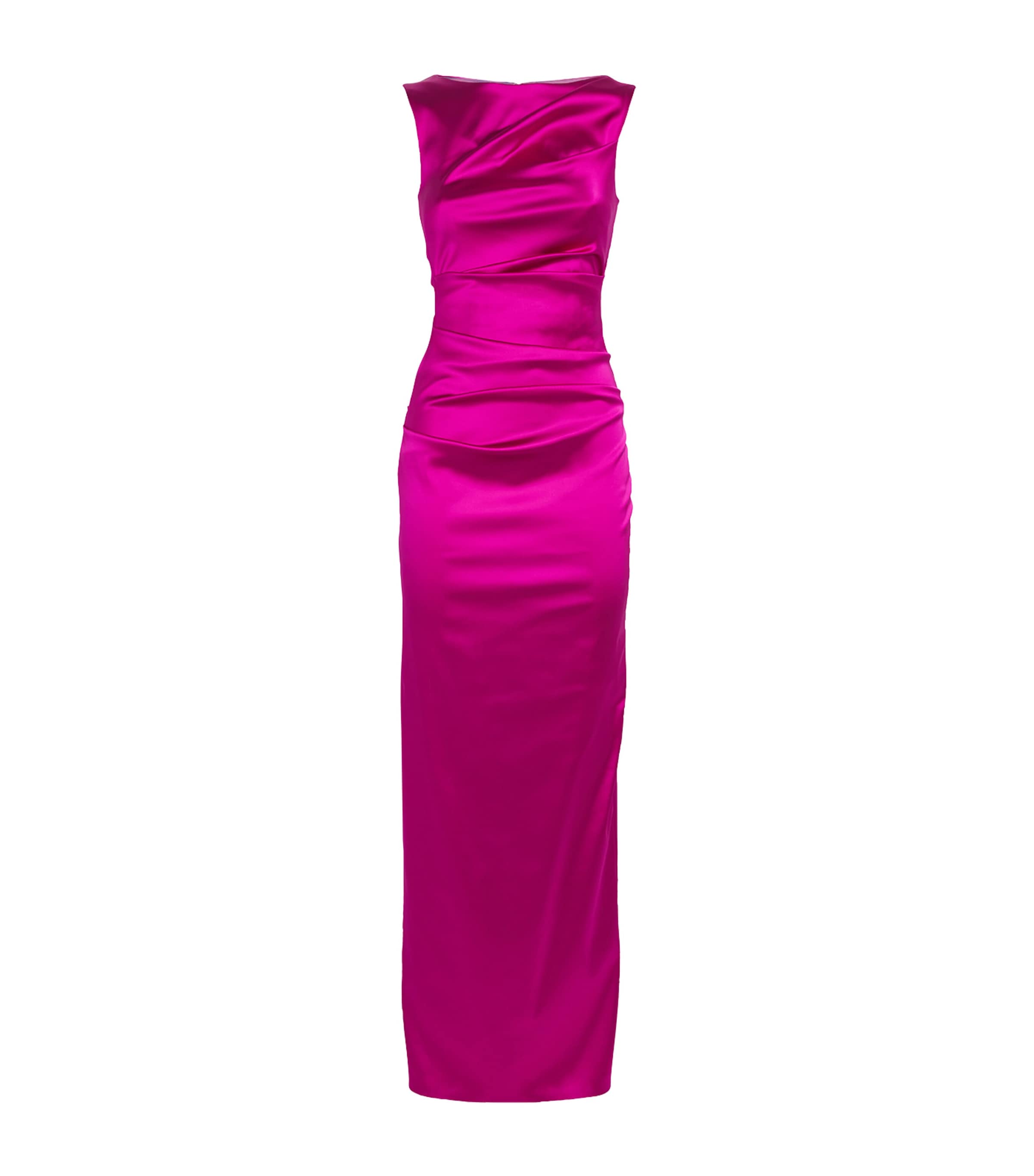 Talbot Runhof Duchesse Satin Ruched Maxi Dress In Pink