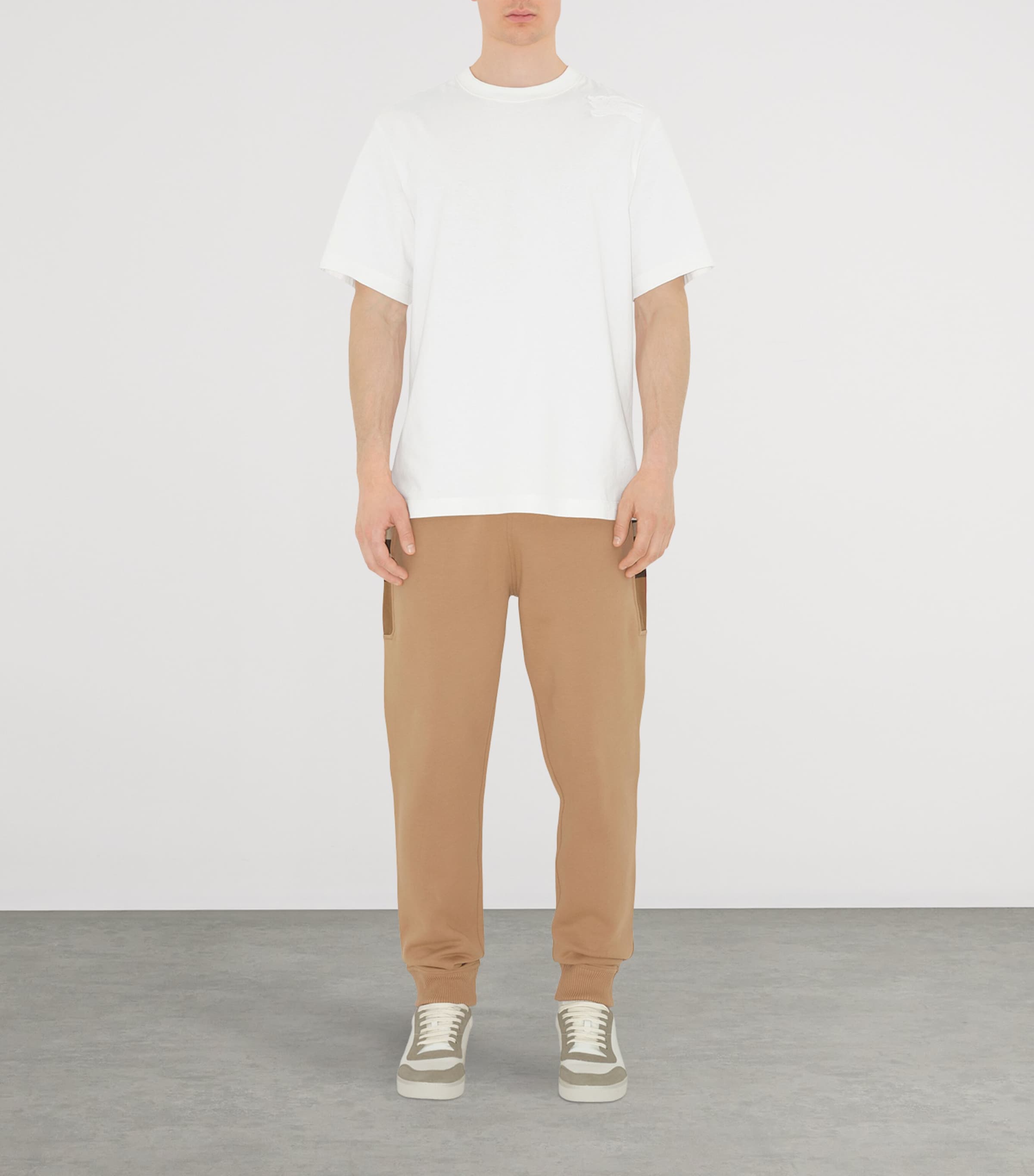 Cotton-Blend Check-Trim Sweatpants CAMEL Image 2