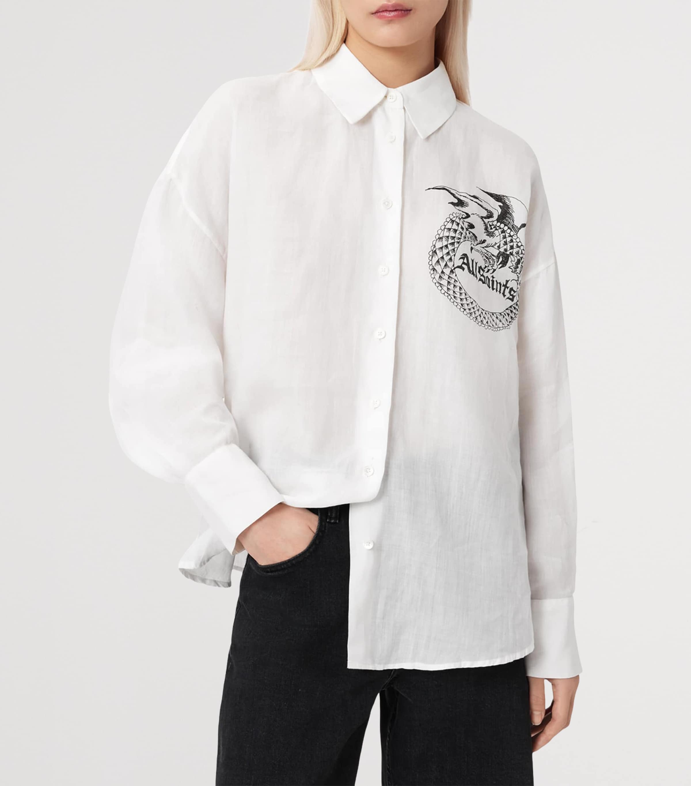 AllSaints Womens Linen Printed Sparrow Shirt White Image 3