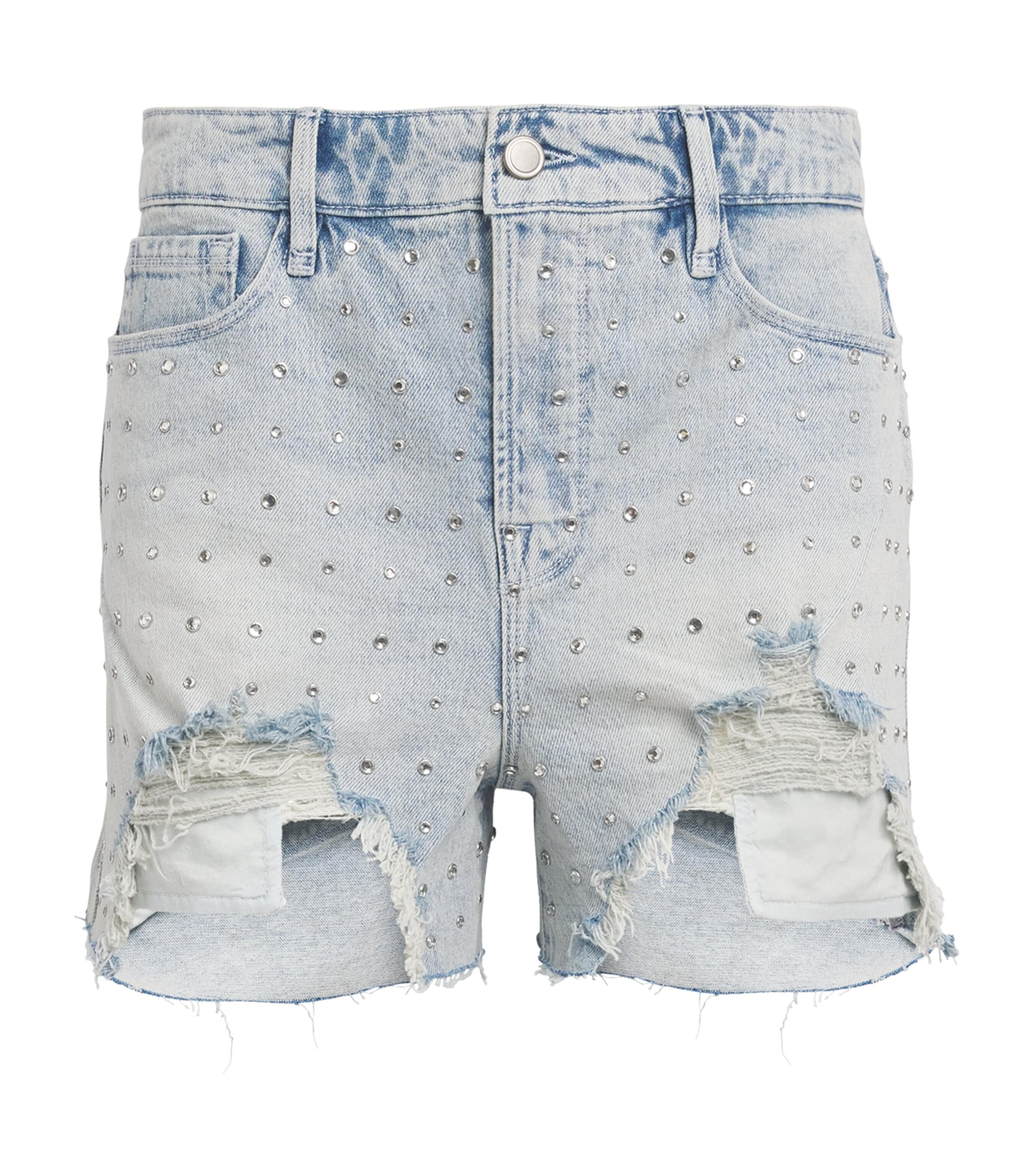 GOOD AMERICAN DISTRESSED CRYSTAL DENIM SHORTS