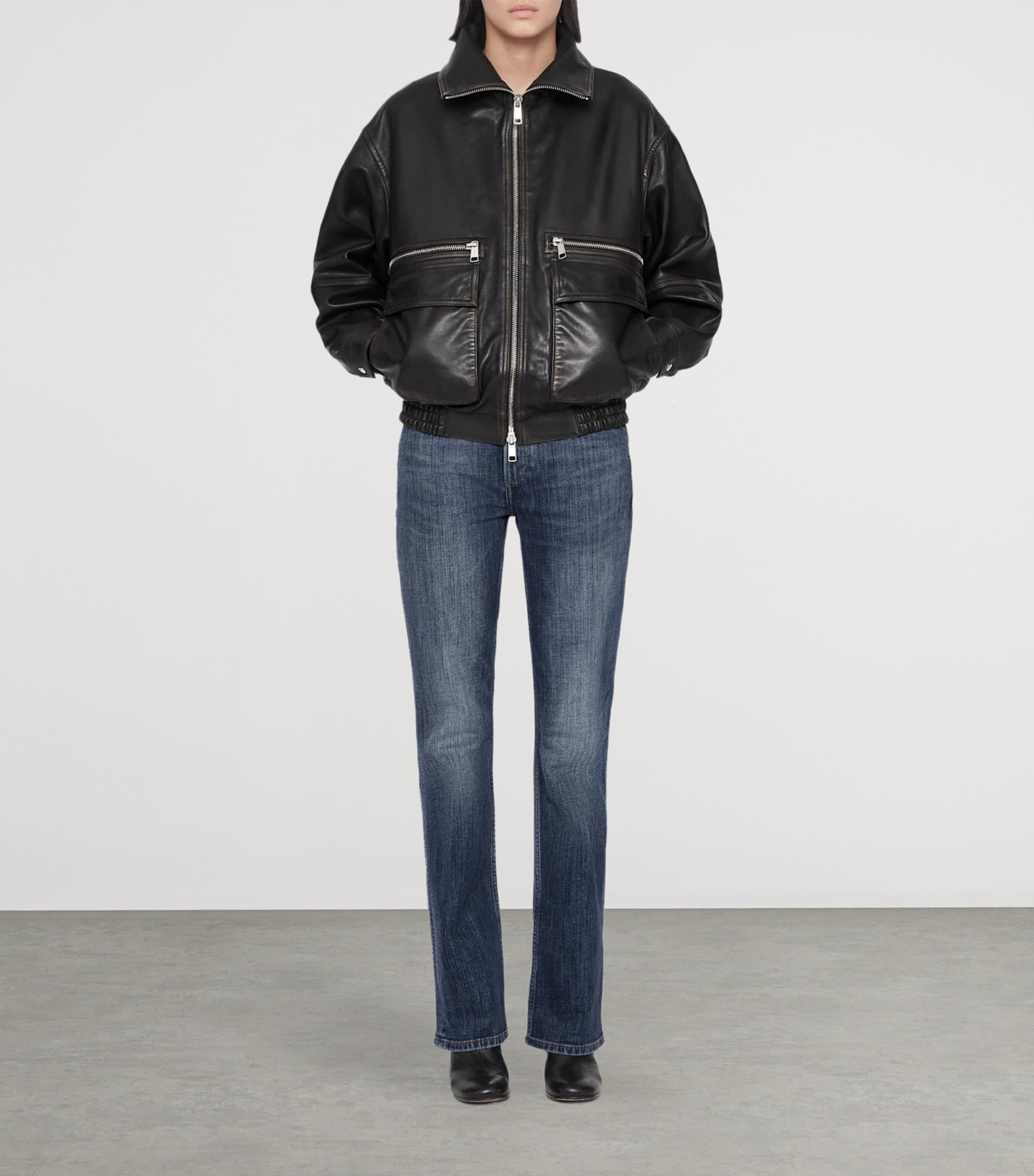AllSaints Womens Leather Elisa Bomber Jacket Black Walnut Brown Image 2