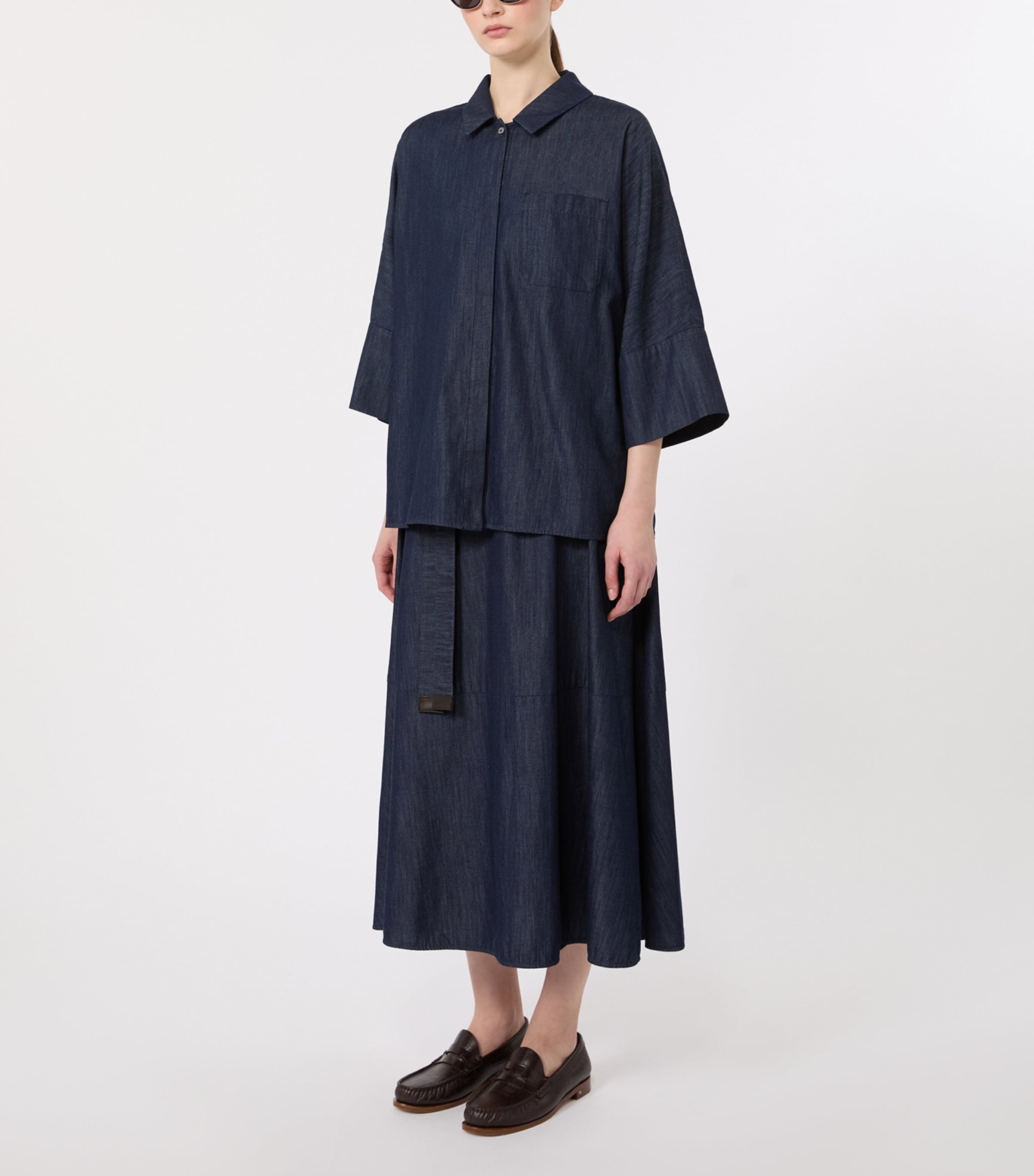 Max Mara Womens Cotton Cropped-Sleeve Shirt Midnightblue Image 2