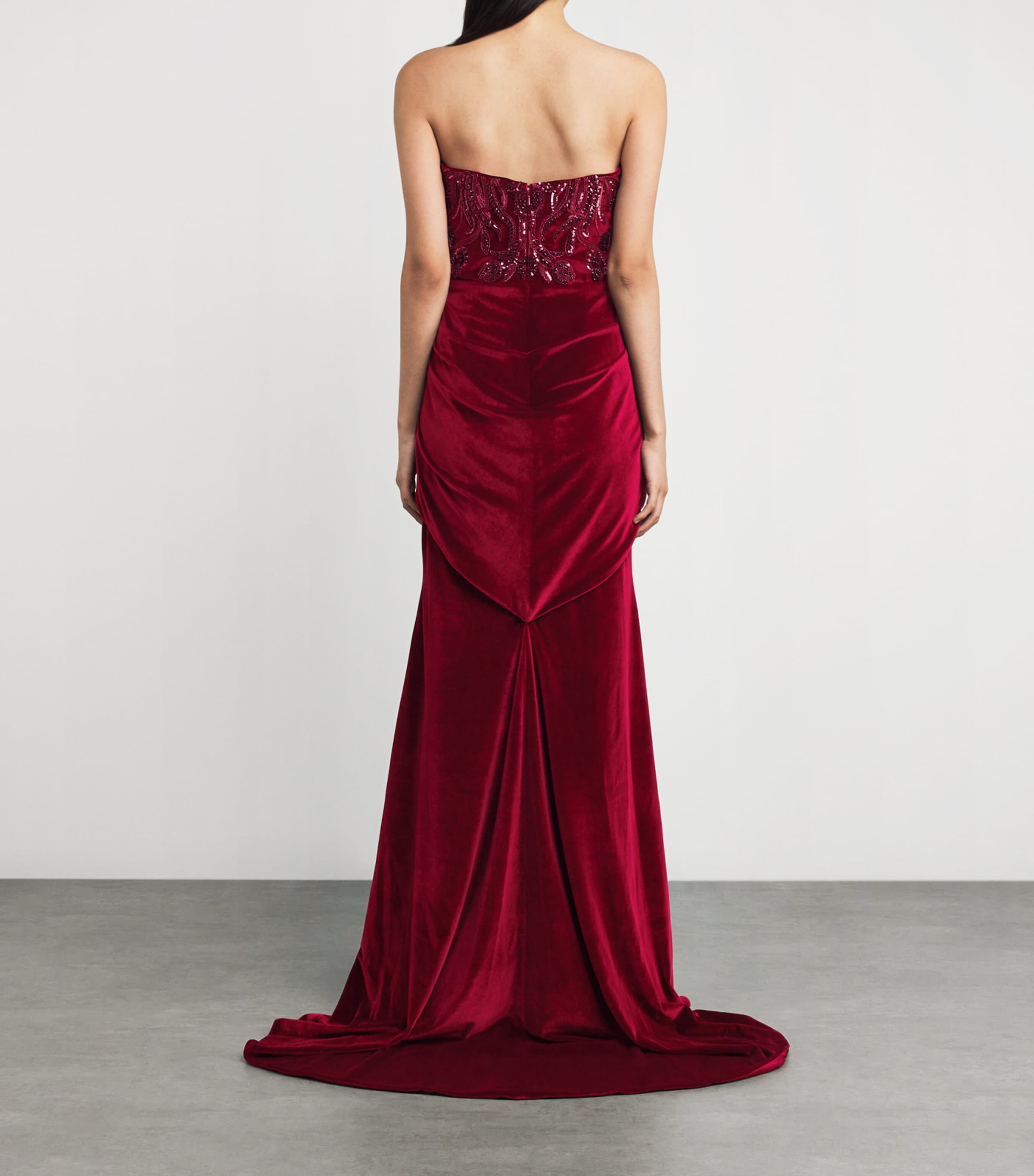 Pamella Roland Womens Velvet Bead and Sequin Strapless Gown Scarlet Image 3
