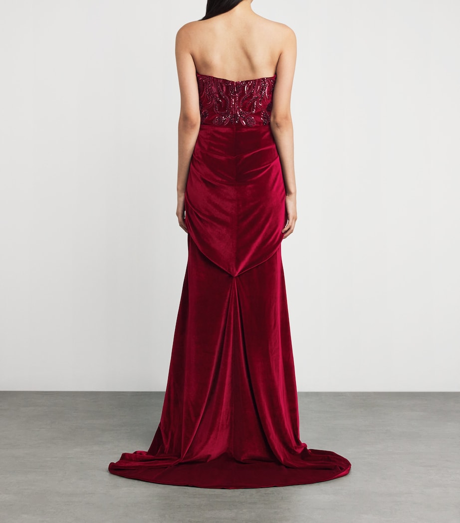 Pamella Roland Womens Velvet Bead and Sequin Strapless Gown Scarlet Image 3