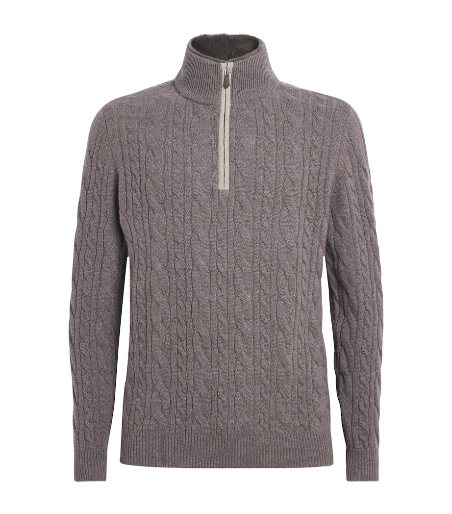 N.Peal Mens Cashmere Cable-Knit Quarter-Zip Sweater Otter Browntruffle Image 1
