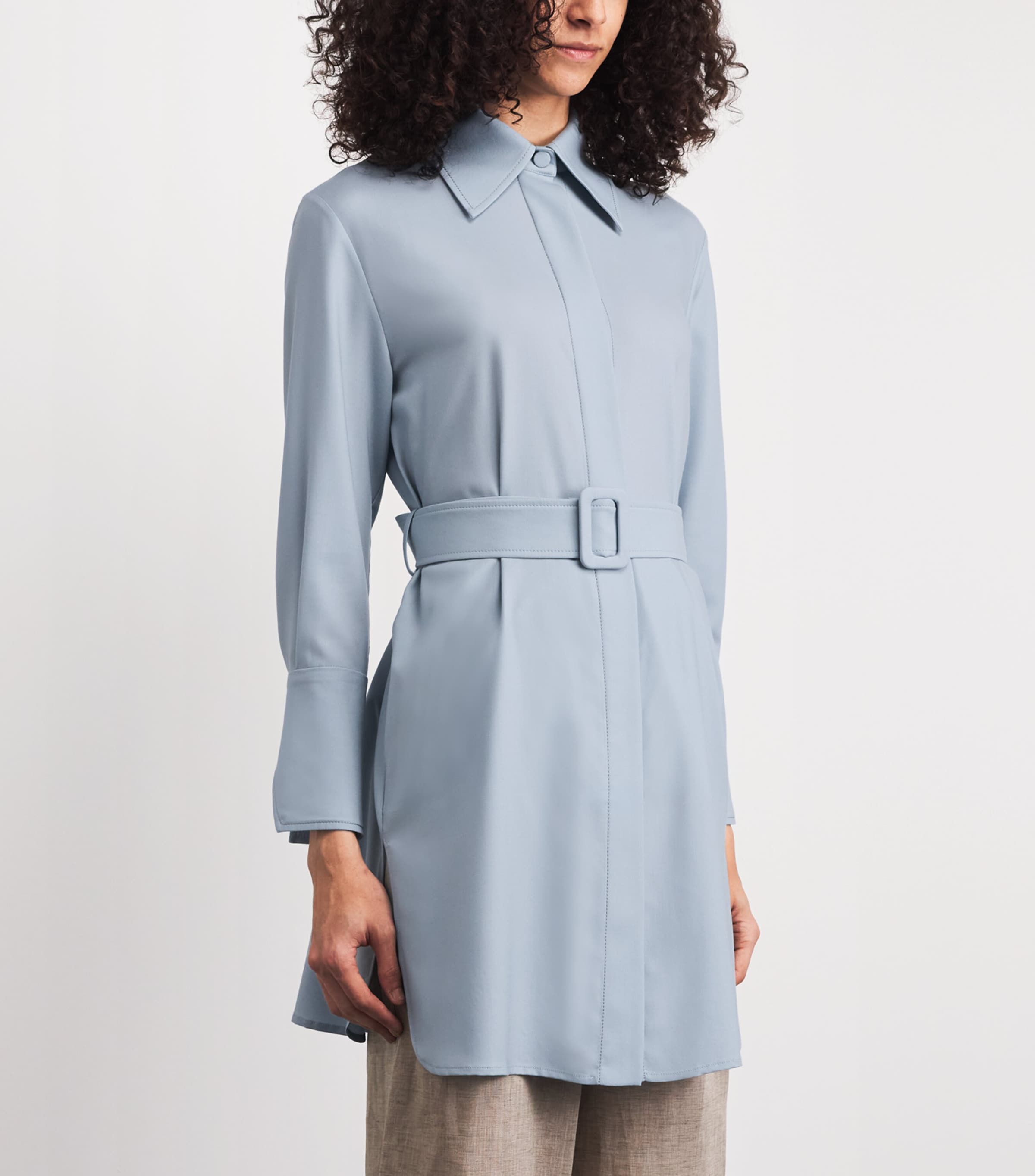 Colombo Womens Cashmere Oversized Belted Shirt Flower Print Blue Sky Image 4