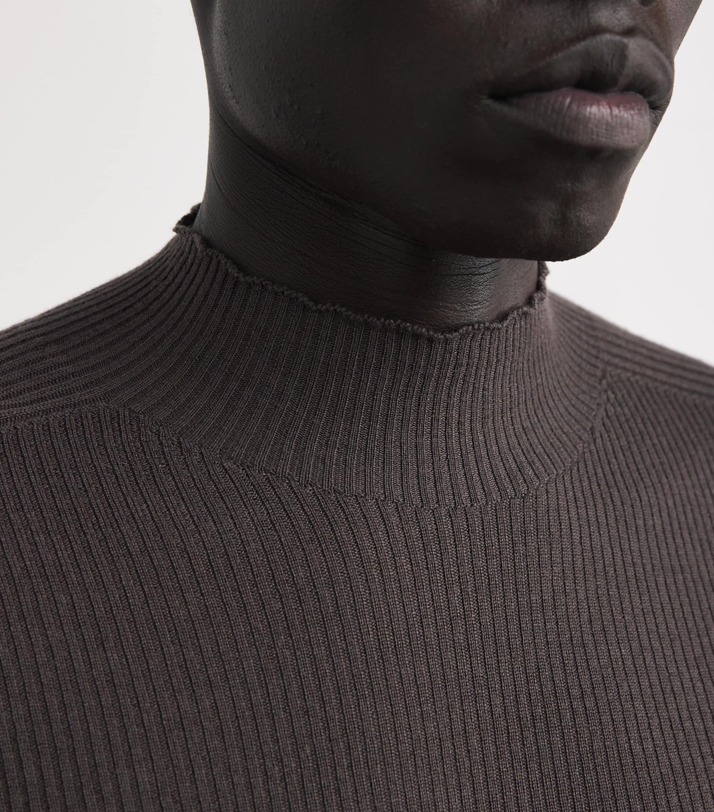 Rick Owens Mens Virgin Wool Ribbed Lupetto Sweater Darkdust Image 6