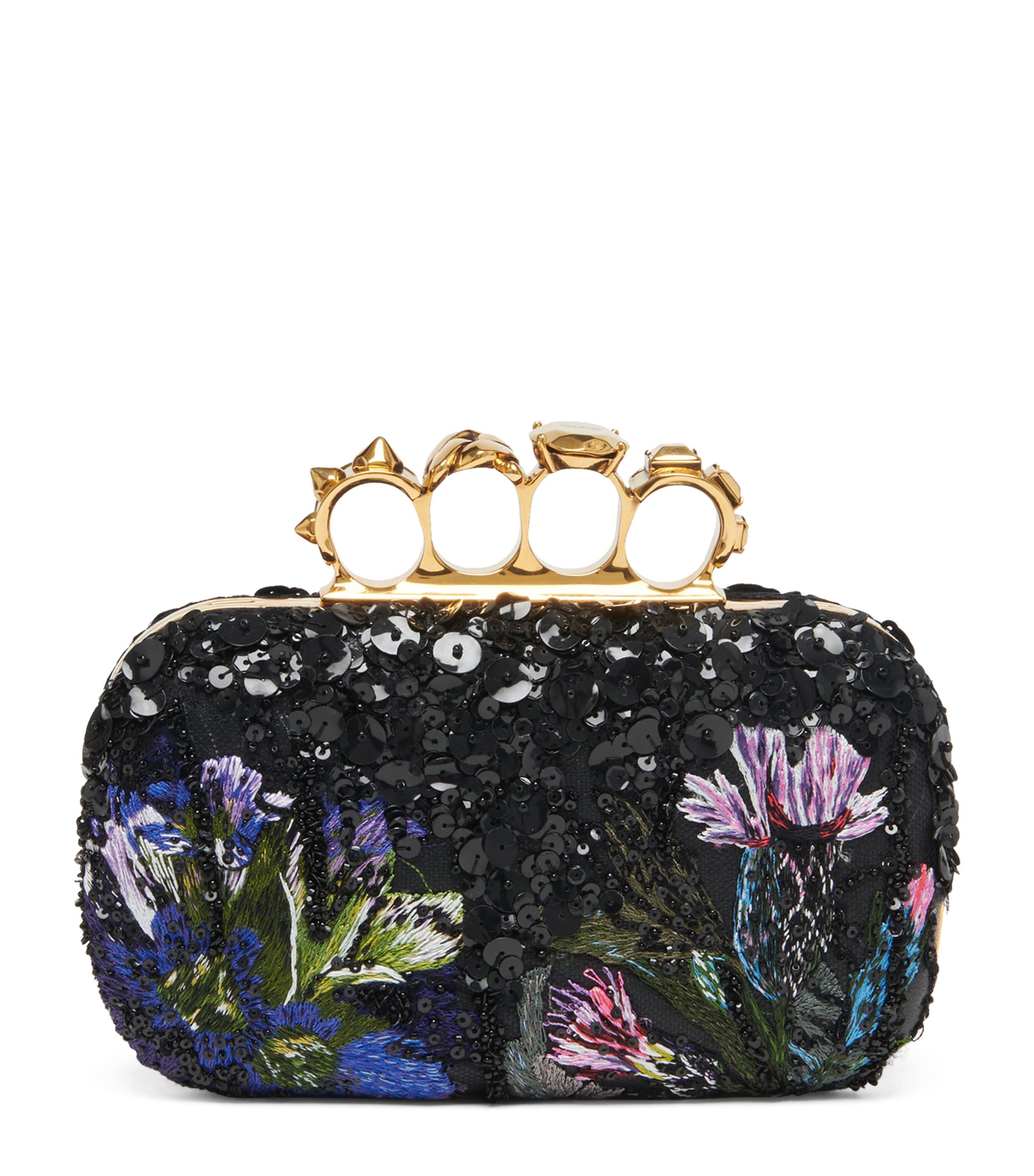 Alexander Mcqueen Floral Four-ring Clutch In Gold