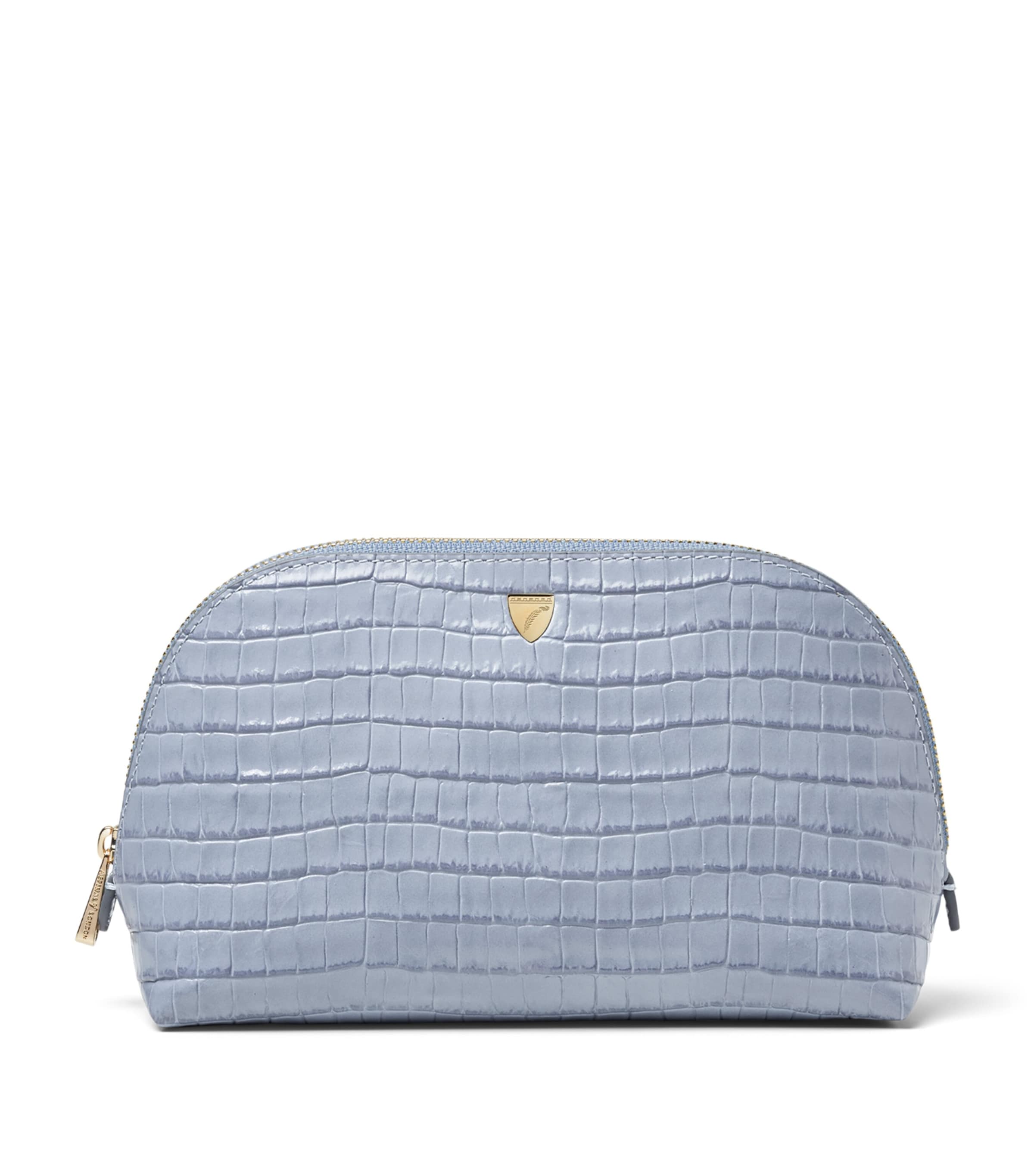 Aspinal Of London Small Leather Croc-Embossed Cosmetic Case Skyblue Image 1