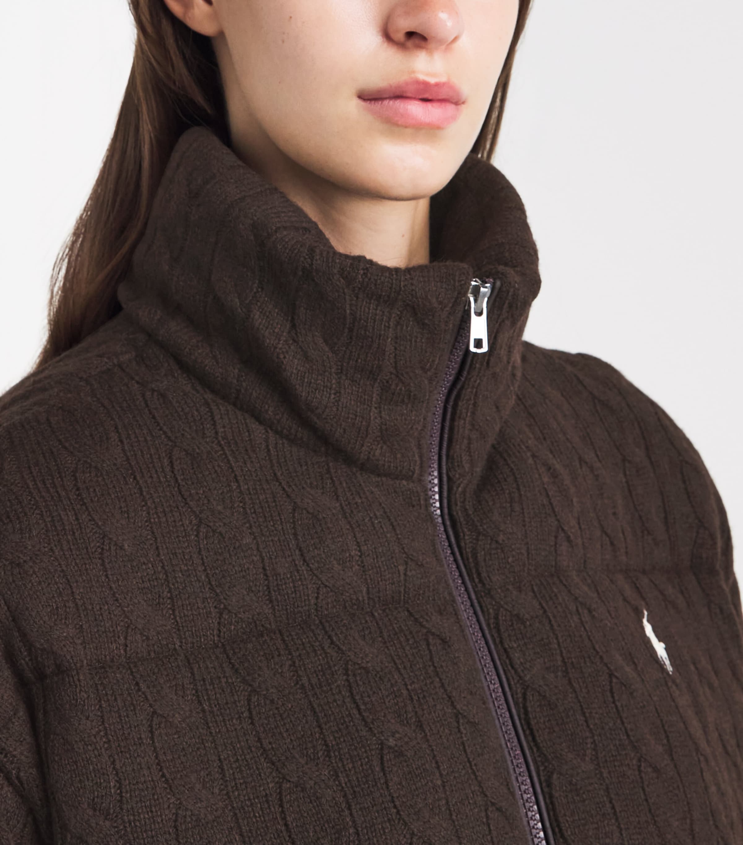 Polo Ralph Lauren Womens Wool-Cashmere Cable-Knit Puffer Jacket Walnut Brown Melange Image 3