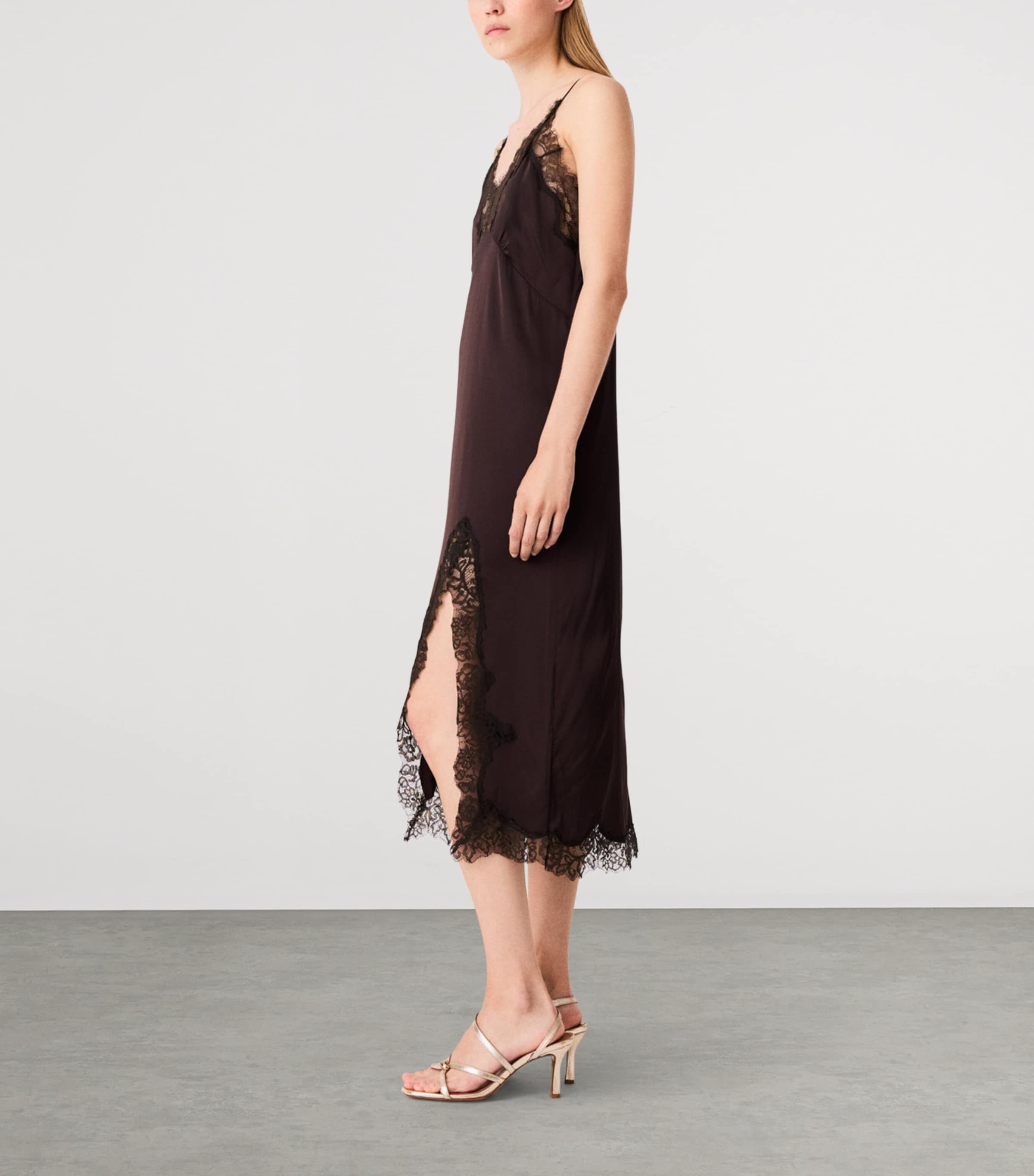 Maje Womens Lace-Trim Midi Dress Dark Brown Image 3