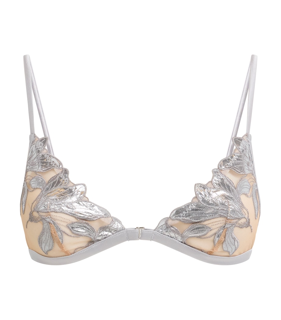 Fleur Du Mal Womens Embroidered Lily Triangle Bra Platinum Image 1