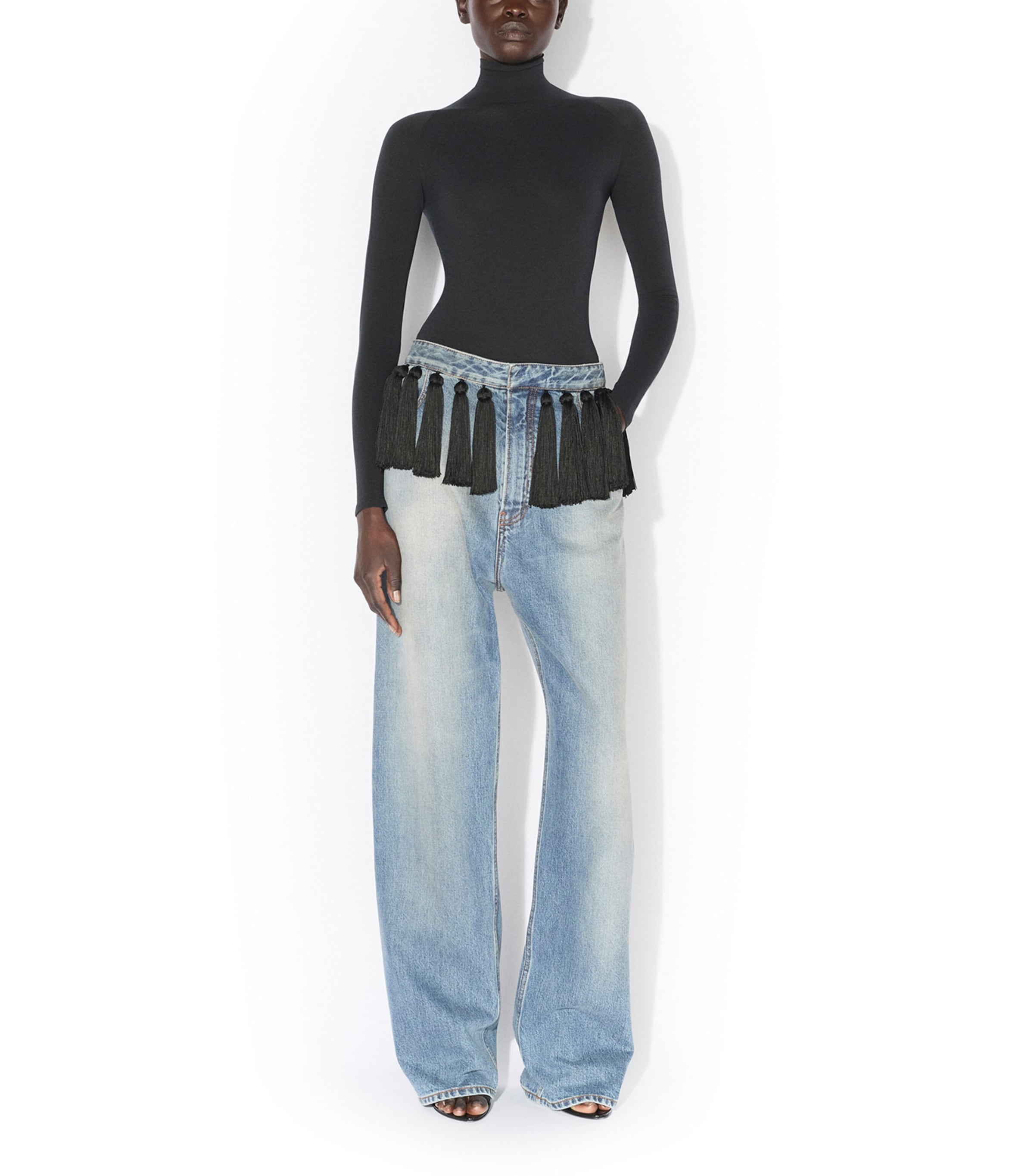 Alaïa Womens Tassel-Trim Straight Jeans Faded Blue Image 2
