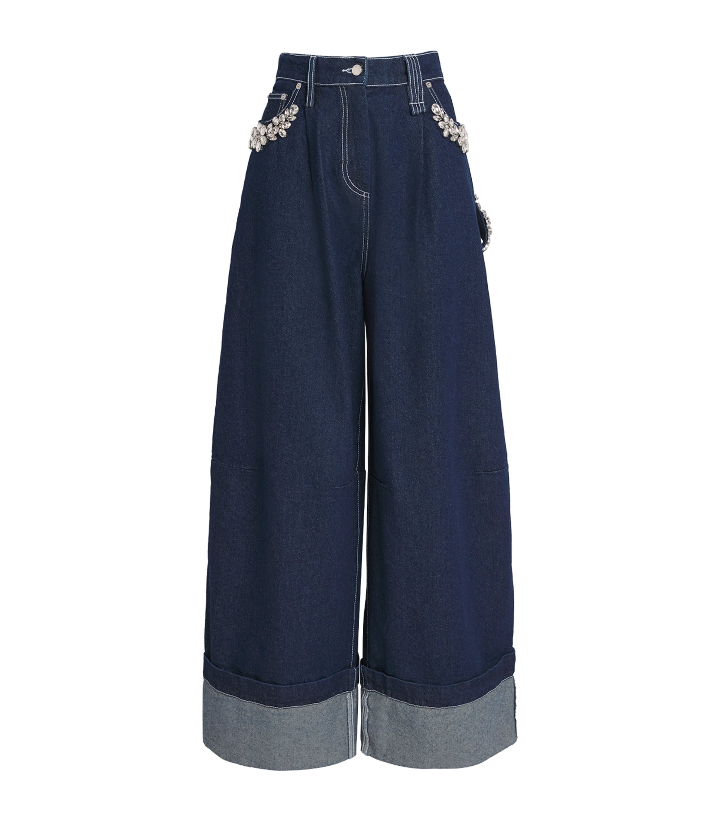 Shop Simone Rocha Crystal-embellished Puddle Wide-leg Jeans In Blue