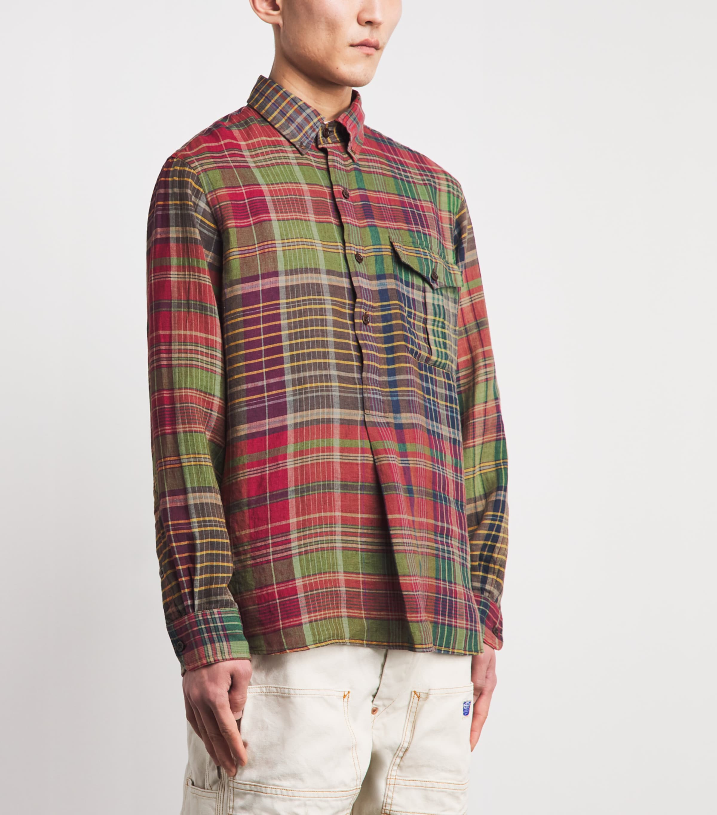 Polo Ralph Lauren Mens Linen Check Half-Placket Shirt Olive Wine Image 4