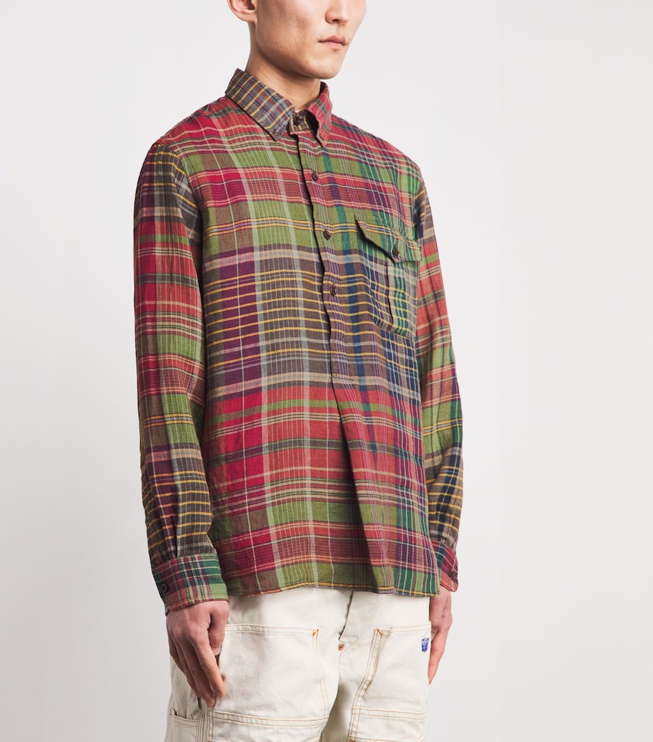 Polo Ralph Lauren Mens Linen Check Half-Placket Shirt Olive Wine Image 4