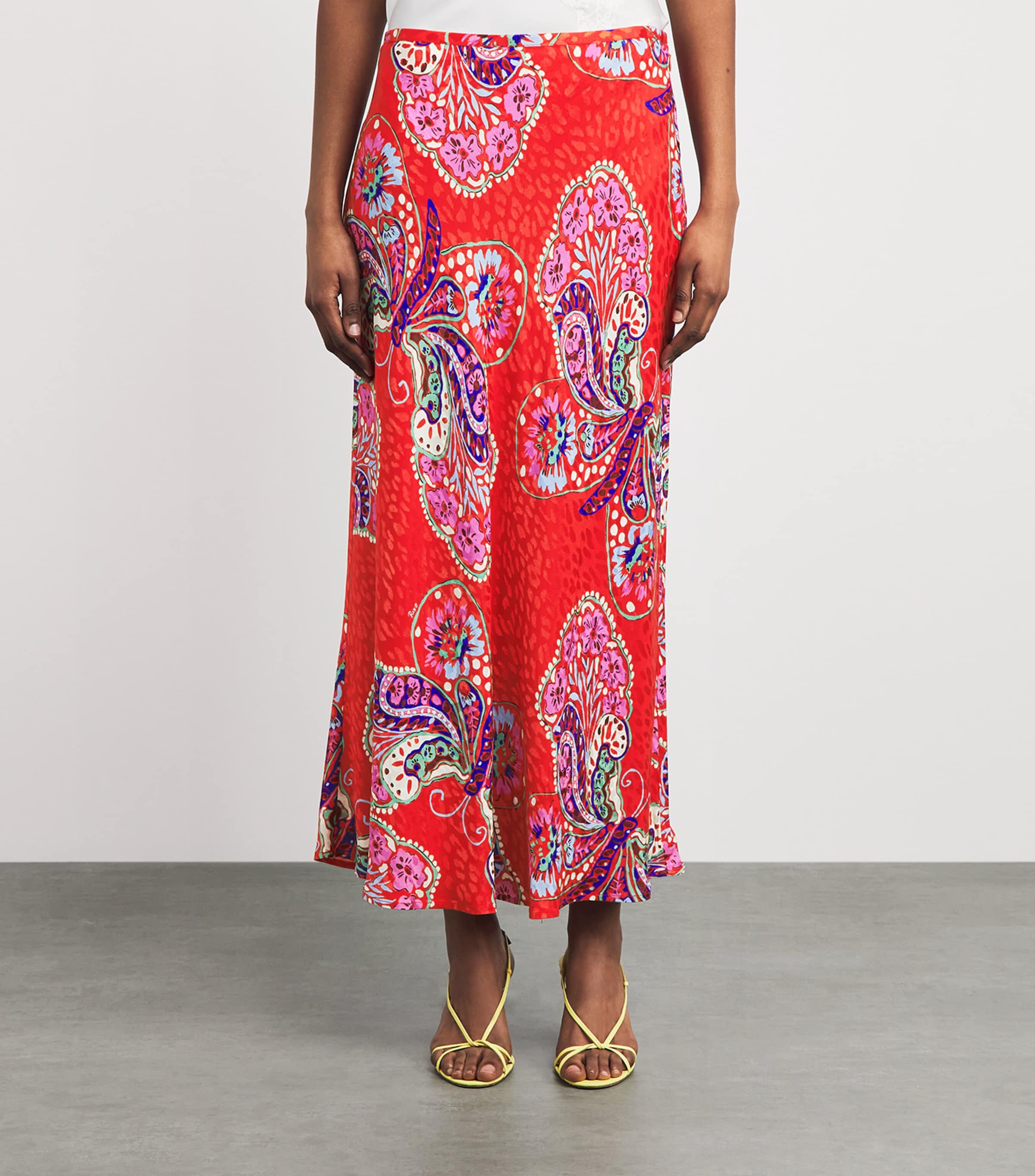 Rixo Womens Satin Printed Kelly Midi Skirt Bttrfly Blm Jacq Red Image 4