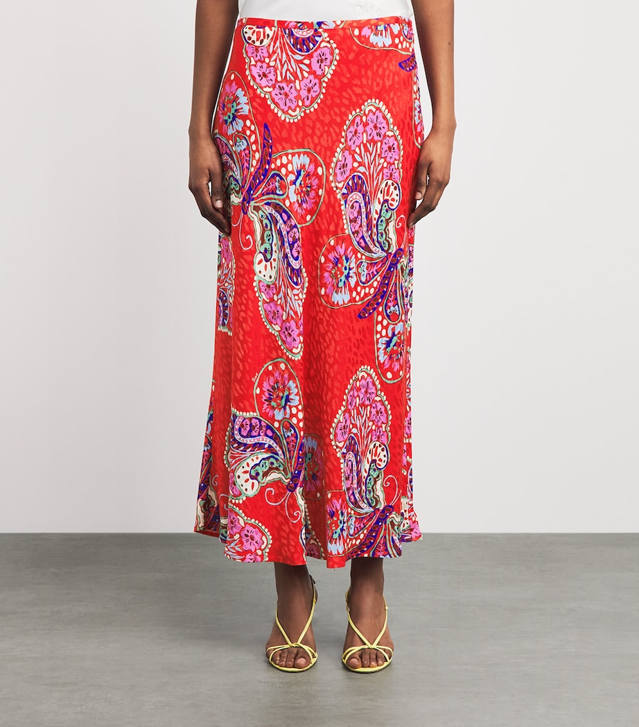 Rixo Womens Satin Printed Kelly Midi Skirt Bttrfly Blm Jacq Red Image 4