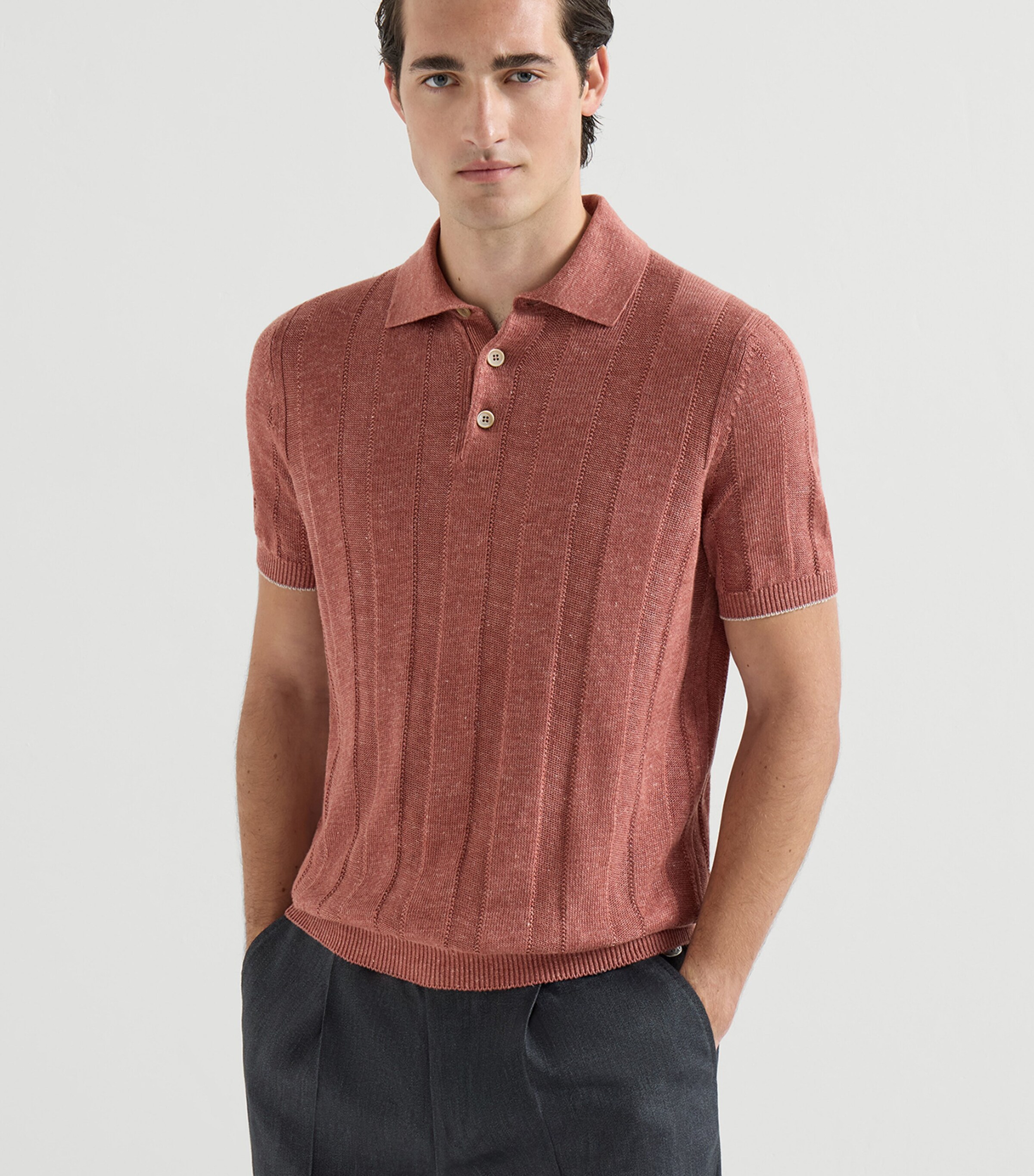 Brunello Cucinelli Mens Linen-Cotton Rib-Knit Polo Sweater Image 3