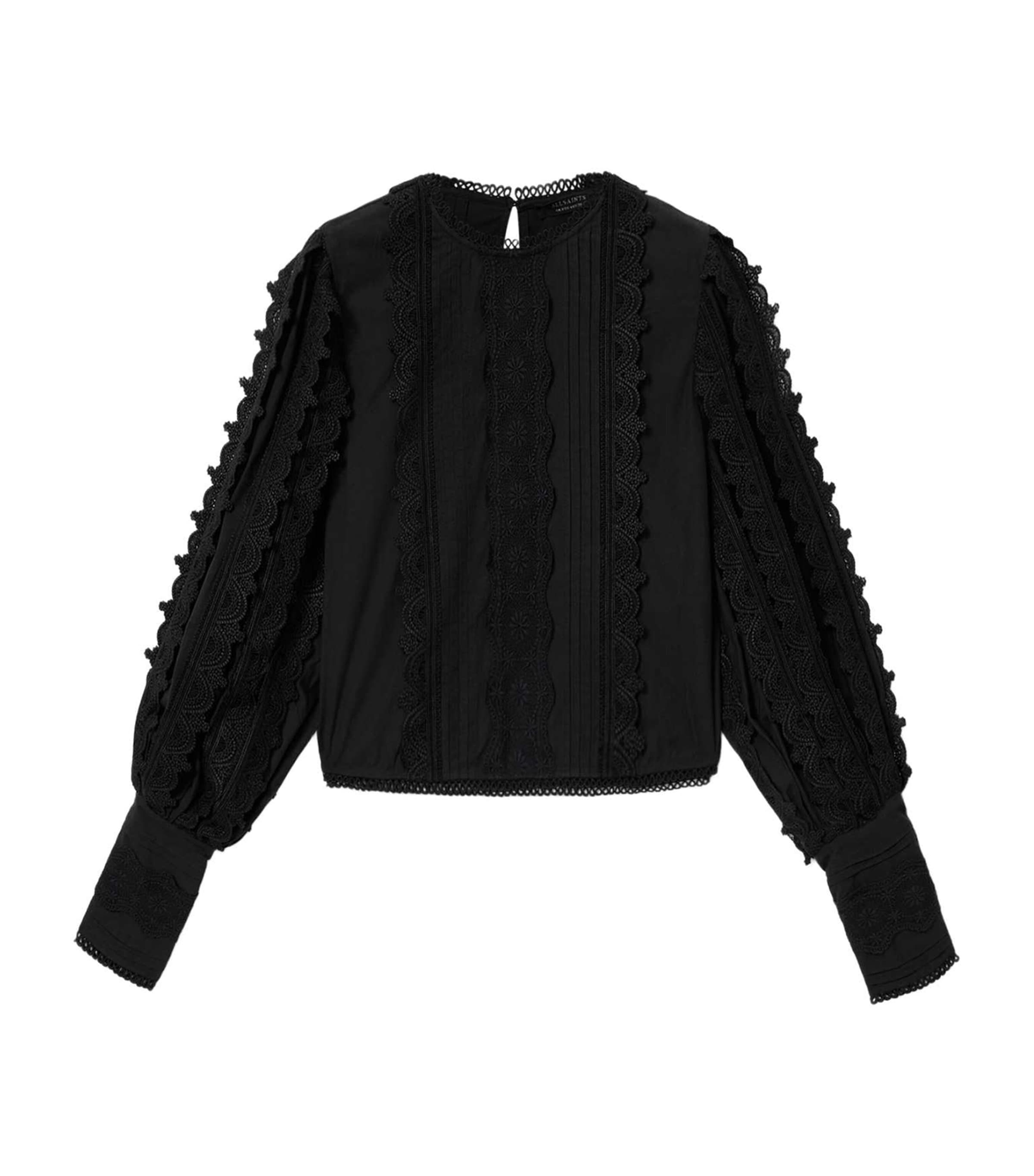 AllSaints Womens Cotton-Lace Long-Sleeve Top Black Image 1
