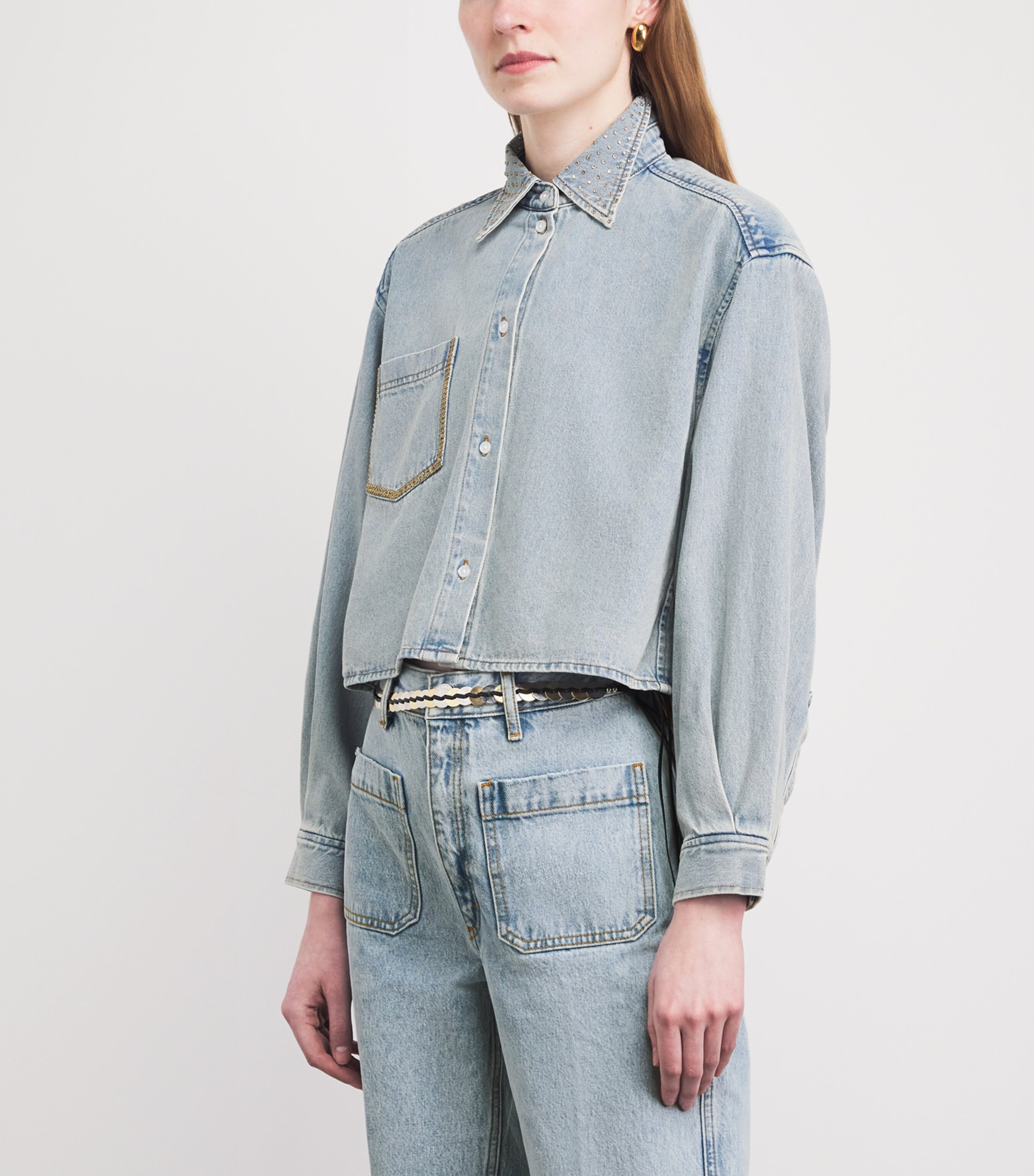 Sandro Paris Womens Denim Embellished Shirt Light Bu Jean Image 4