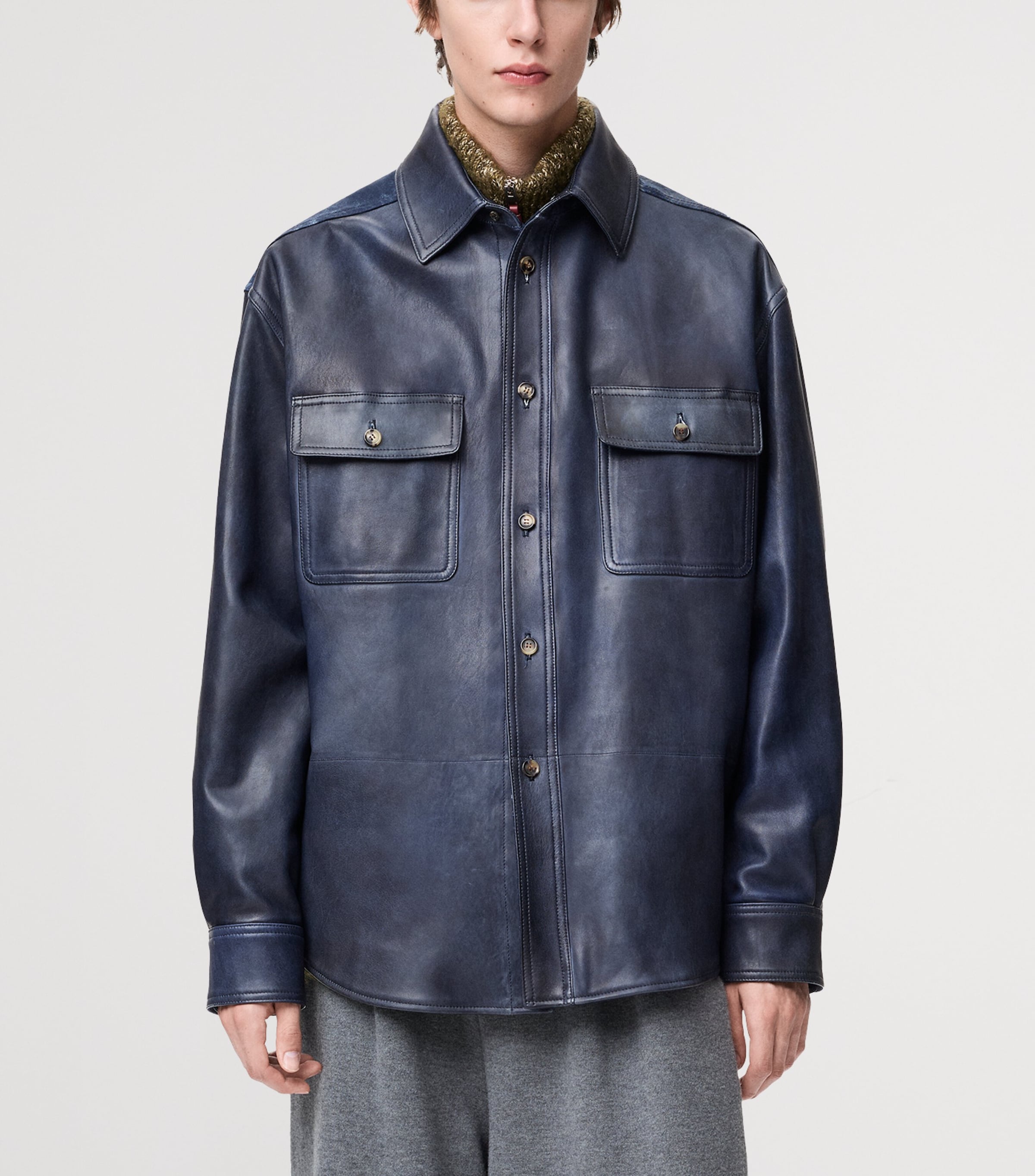 LOEWE Mens Leather Denim-Back Overshirt Navy Blue Image 3