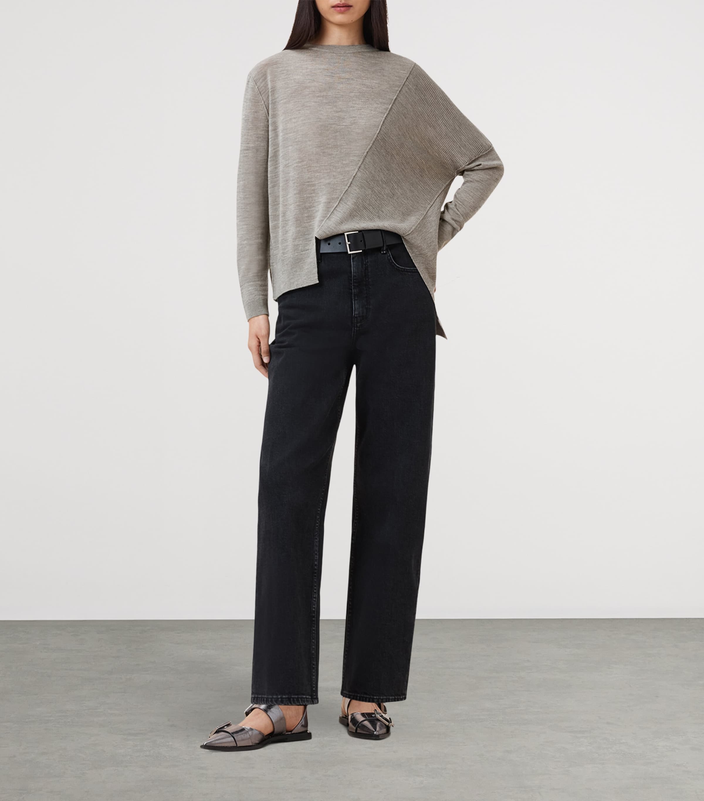 AllSaints Womens Wool Asymmetric Isla Sweater Sand Grey Image 2
