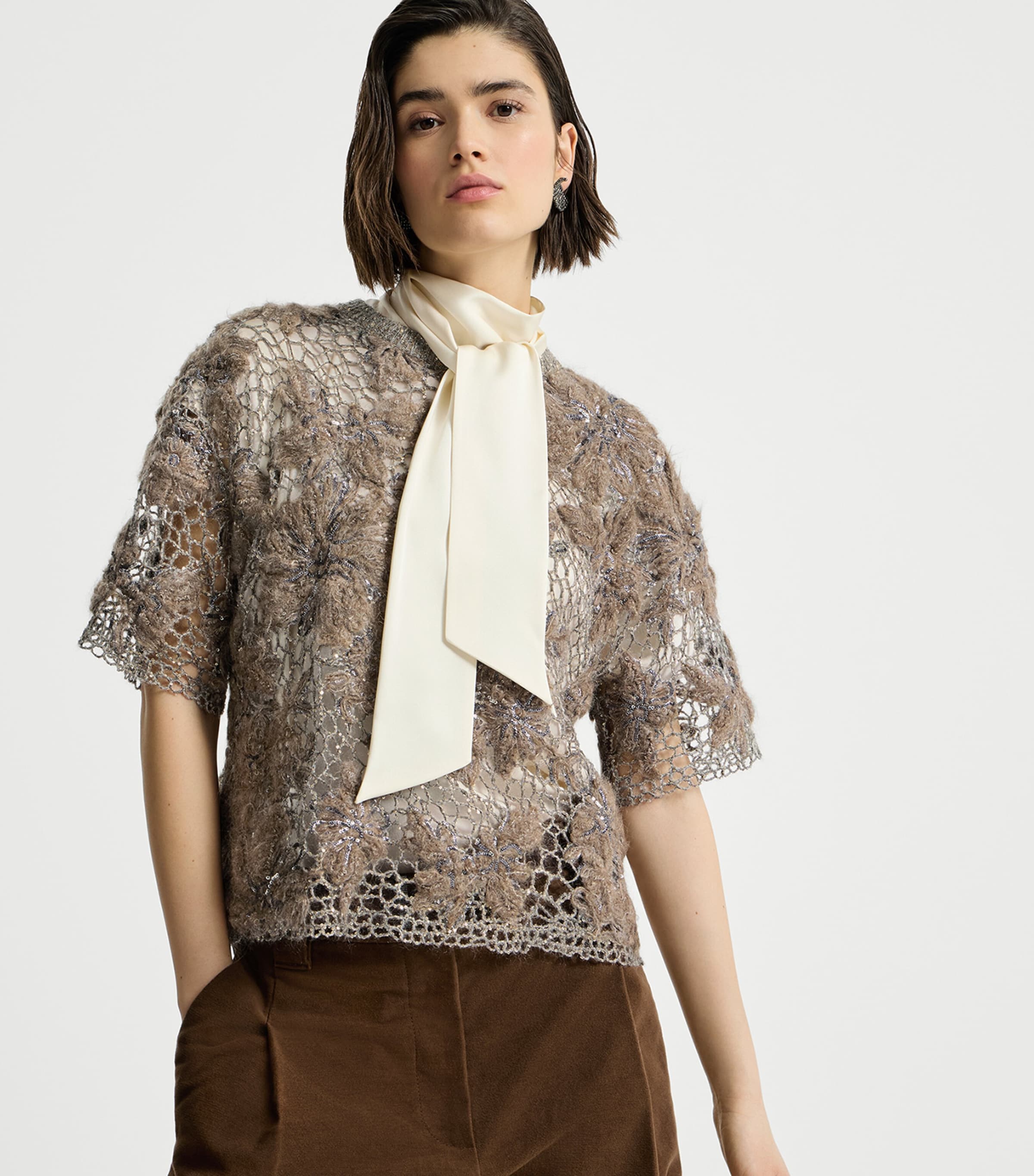 Brunello Cucinelli Womens Mohair-Blend Whispering Bloom T-Shirt Dark Beige Image 2