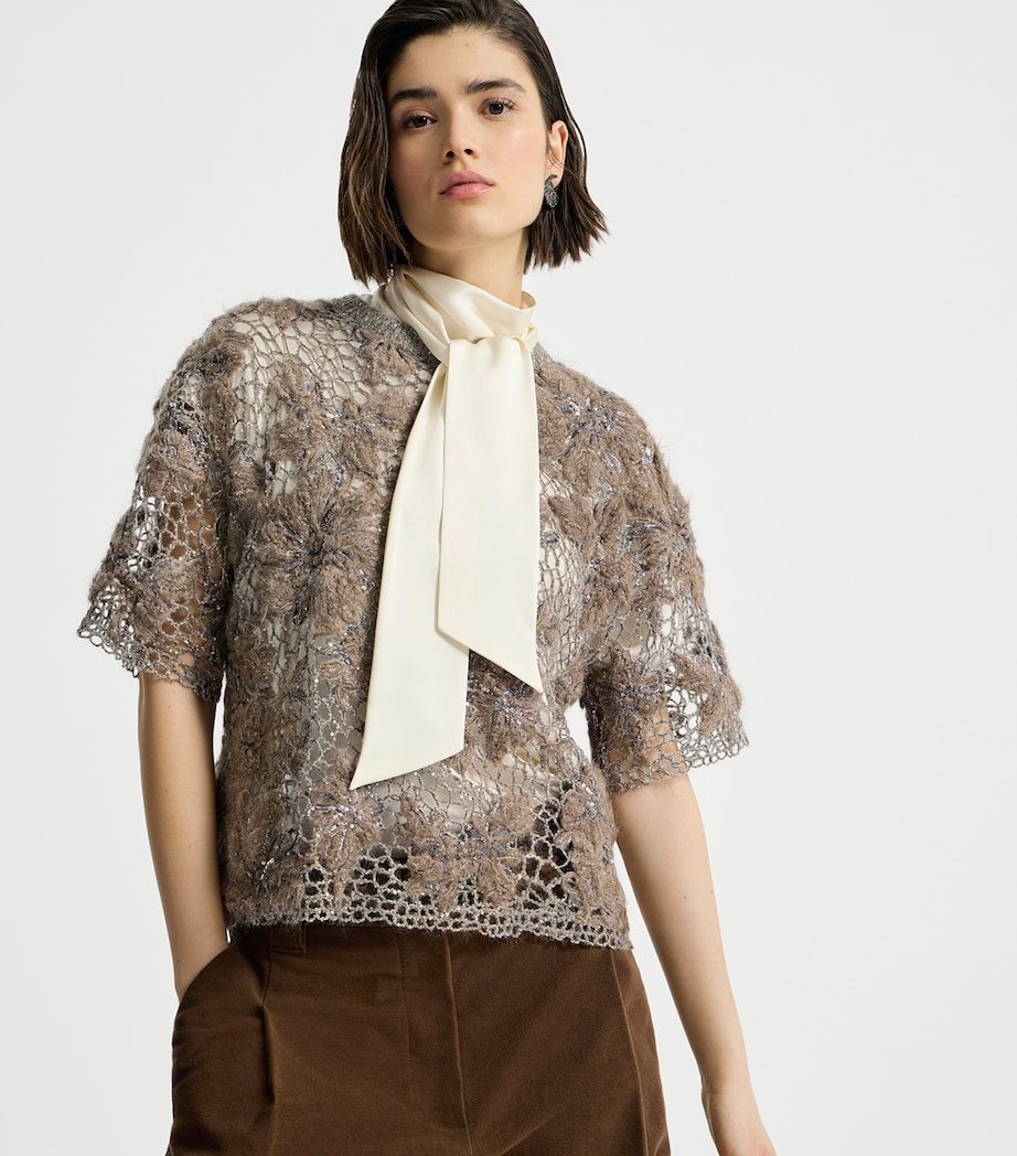 Brunello Cucinelli Womens Mohair-Blend Whispering Bloom T-Shirt Dark Beige Image 2