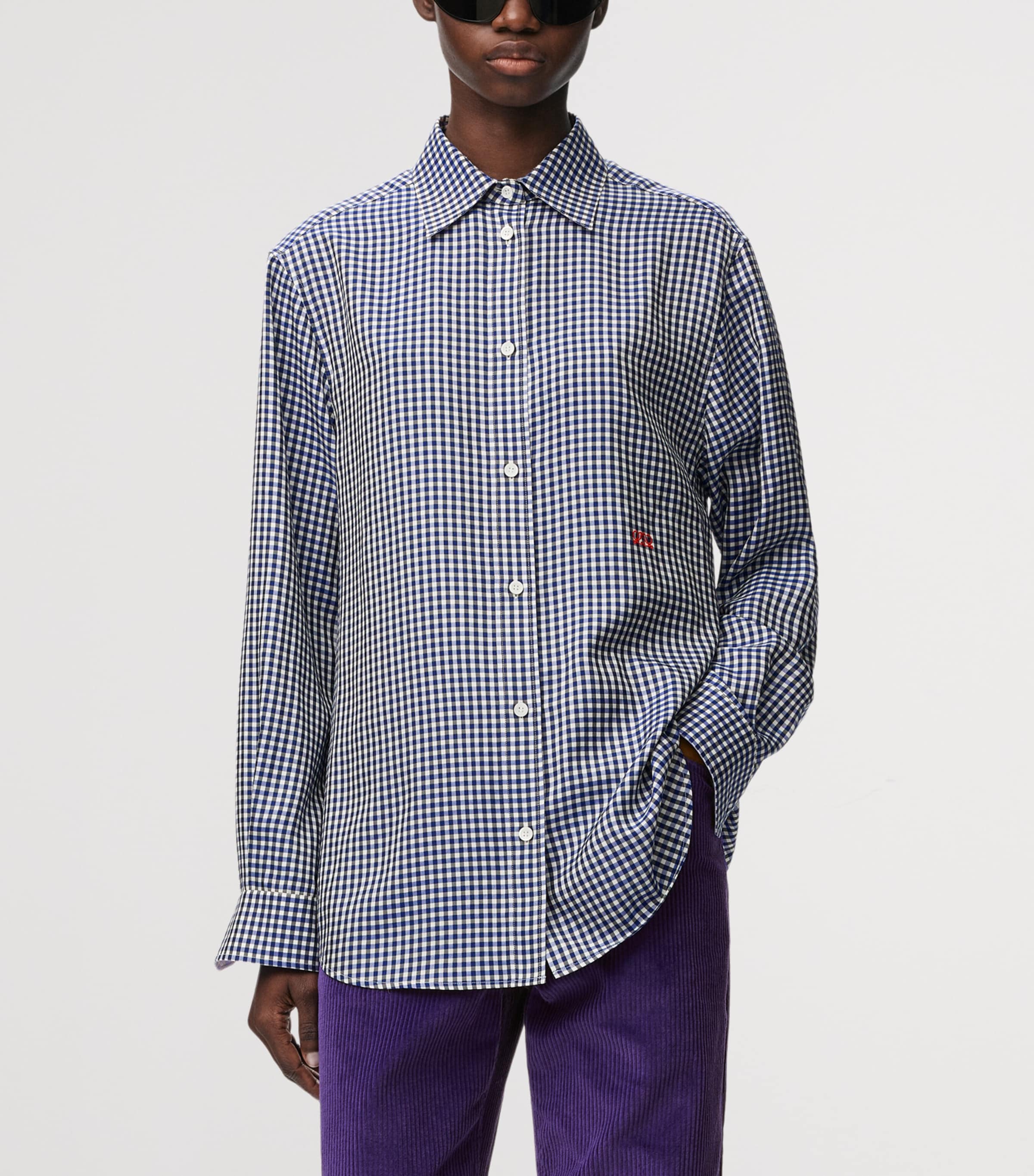 LOEWE Womens Silk-Blend Gingham Shirt Blue/white Image 3
