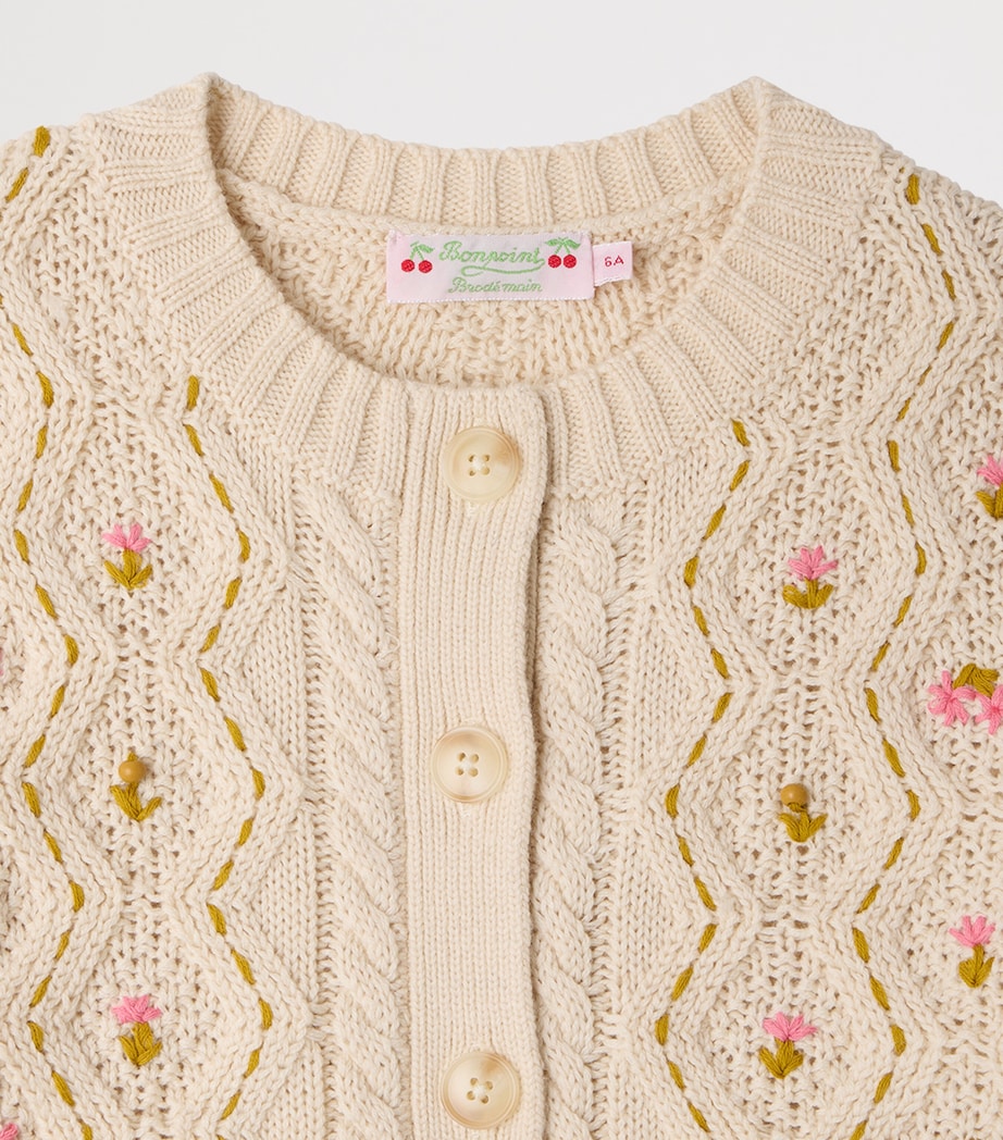 Bonpoint Wool-Cashmere Embroidered Cardigan (4-8 Years) Ficelle Image 3