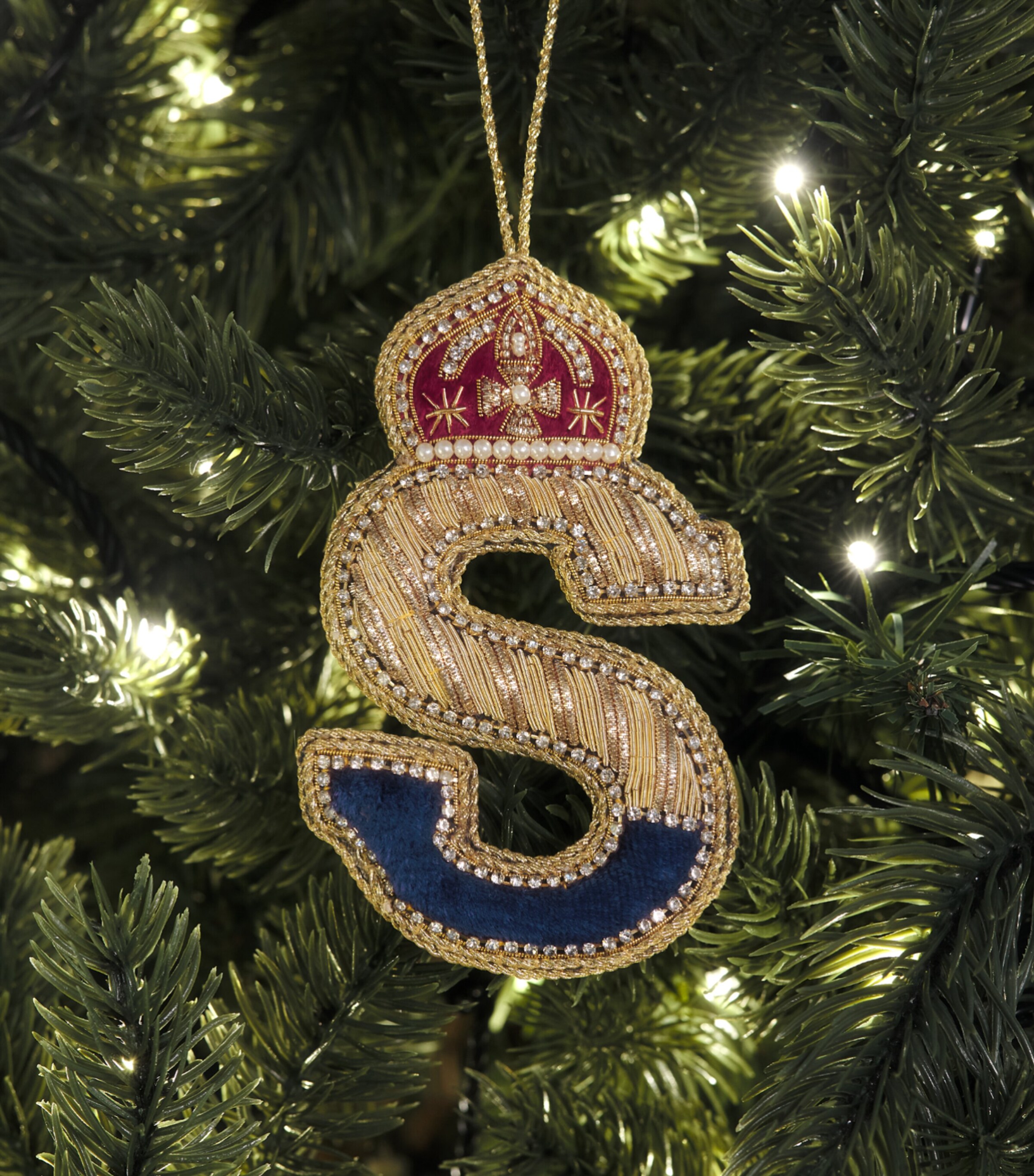 Tinker Tailor Velvet Crystal Letter S Tree Decoration Navy, Gold & Wine Image 3