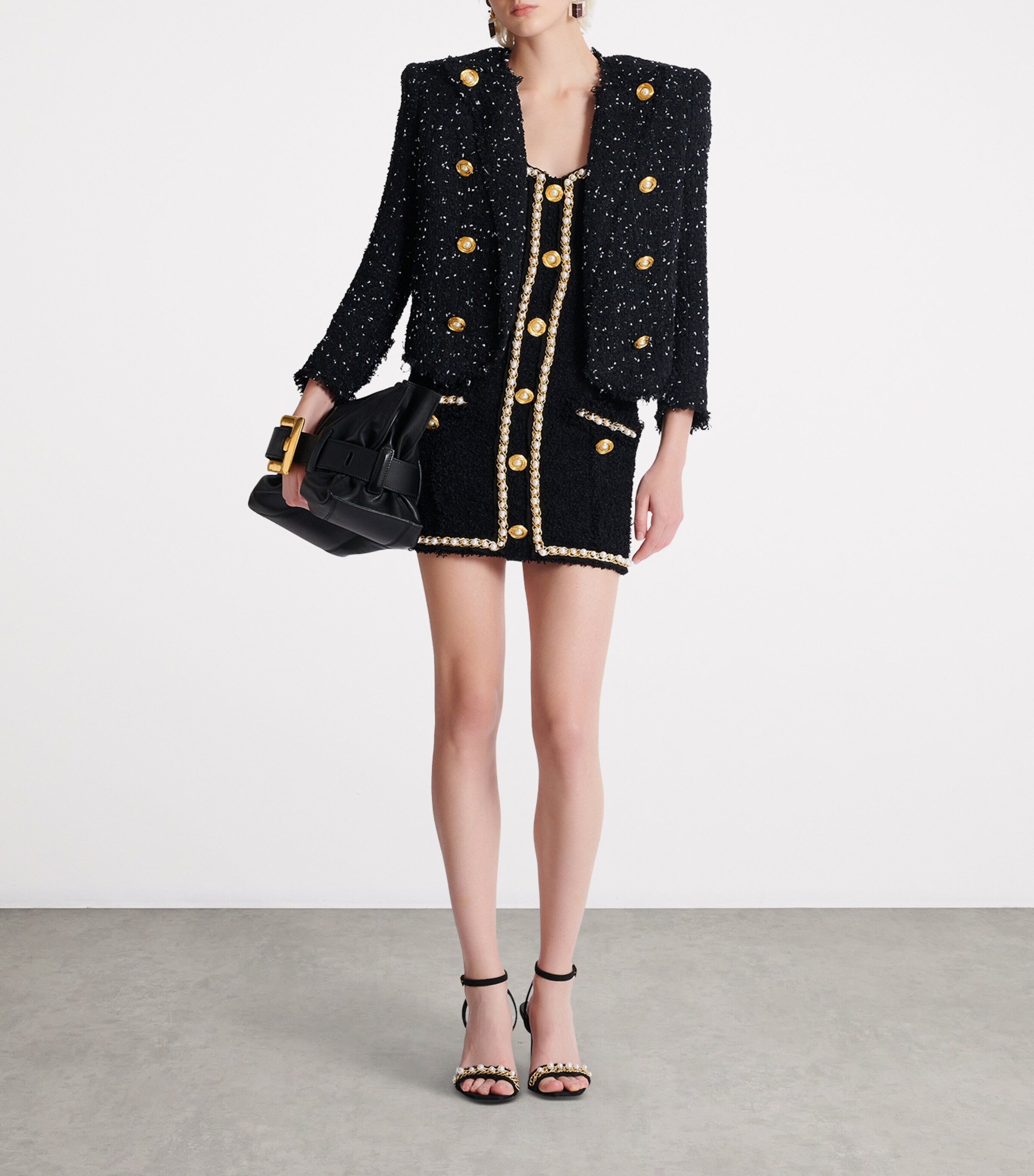 Balmain Womens Tweed Embellished Mini Dress Eel Black Image 7
