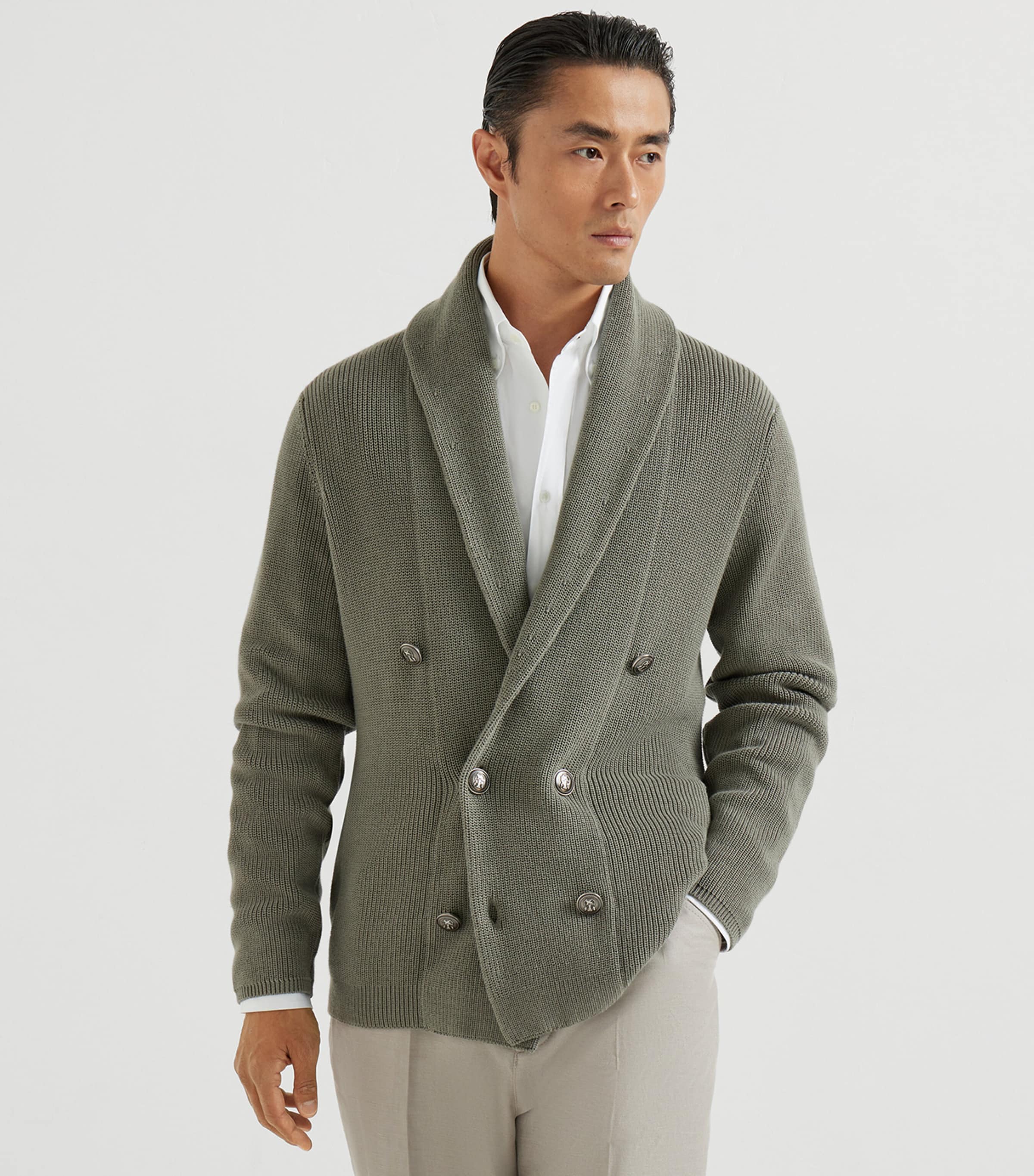 Brunello Cucinelli Green Cotton Double-Breasted Cardigan | Harrods UK