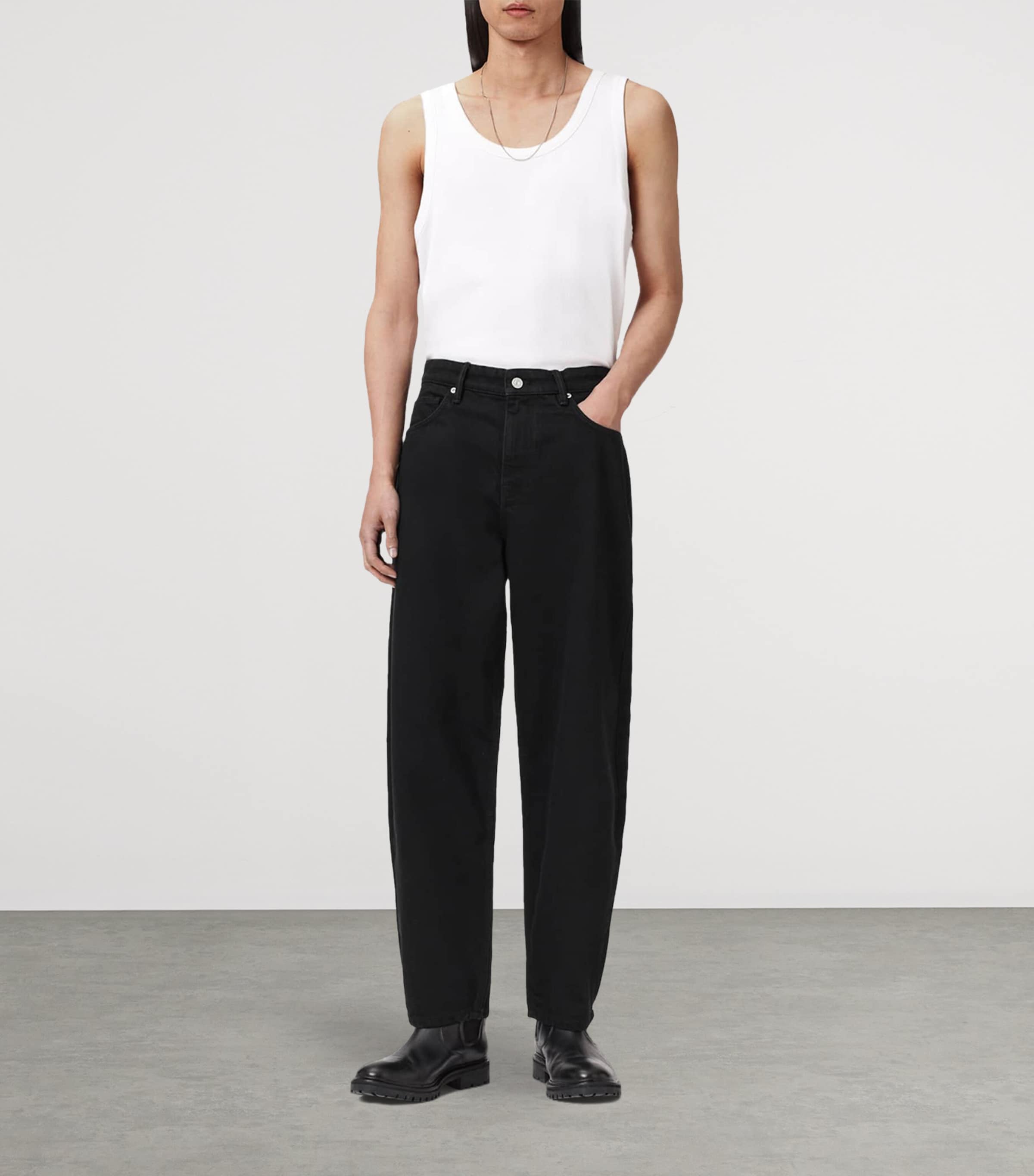 AllSaints Mens Curve Barrel-Leg Jeans Washed Black Image 2