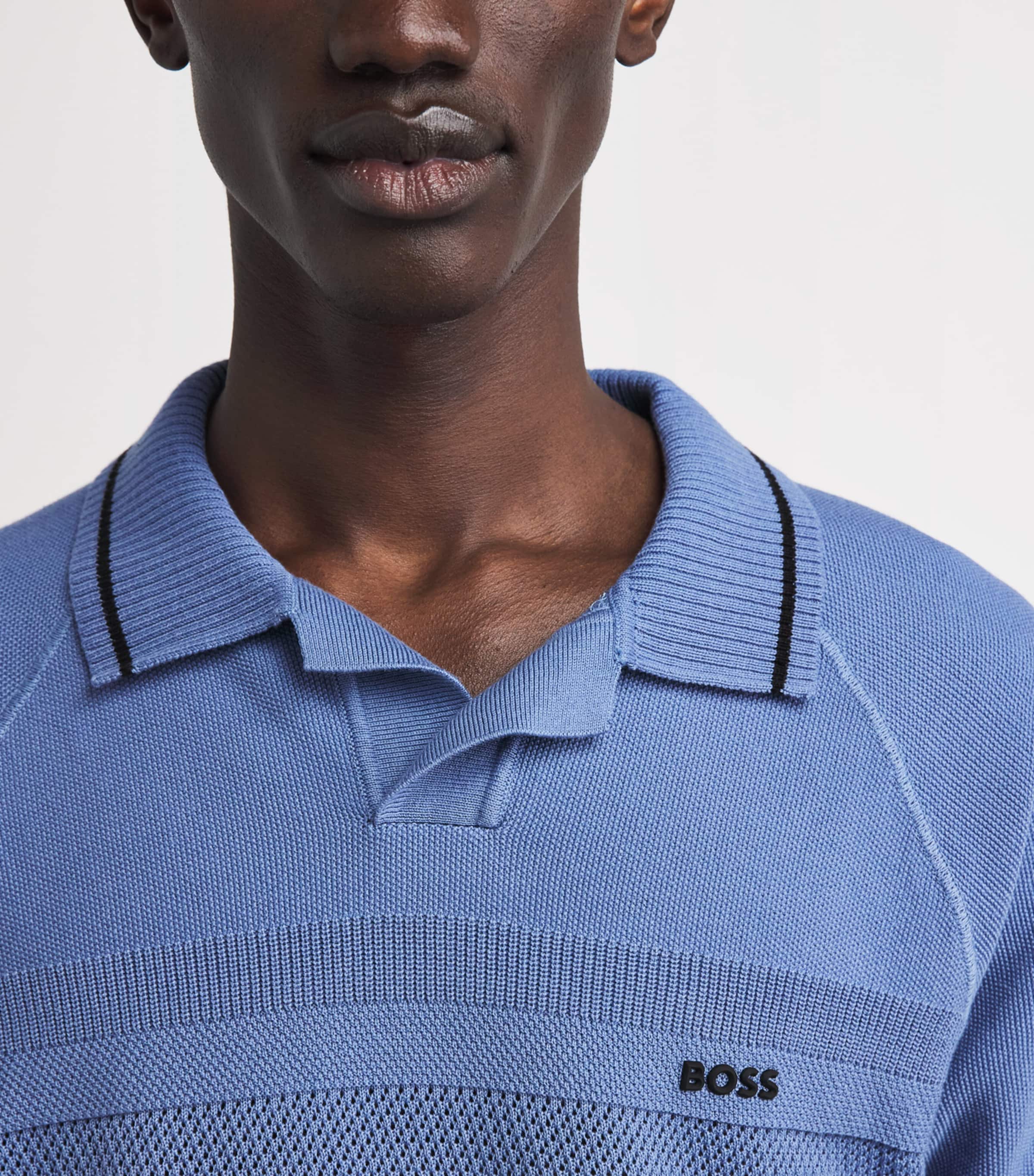 BOSS Mens Cotton Open-Collar Polo Shirt Pastel Blue Image 3