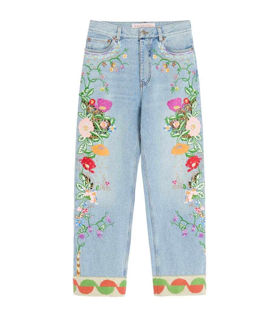 Valentino Womens Floral-Embroidered Jeans Image 1