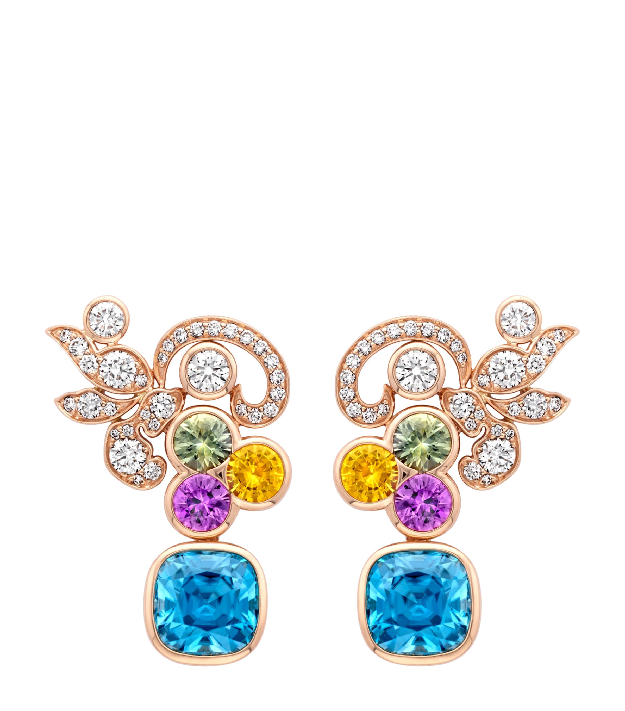 Boodles Rose Gold, Diamond, Sapphire and Zircon The Palace Collection Royal Damask Earrings Blue Image 1