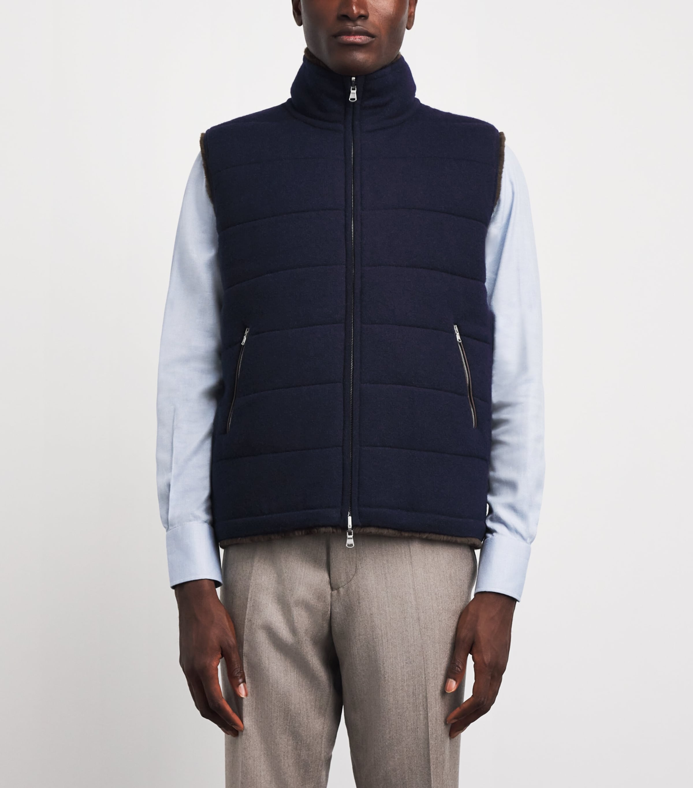 N.Peal Mens Cashmere Fur-Lined Gilet Navy Chocolate Fur Image 4