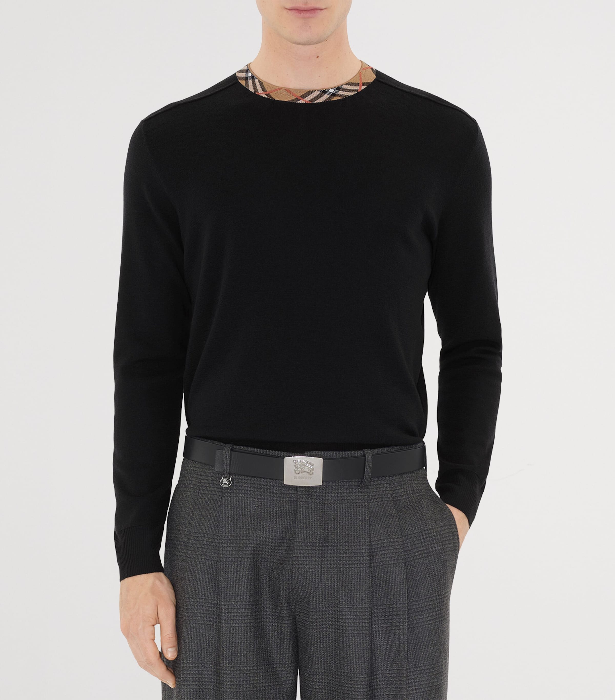 Wool Check-Trim Sweater NAVY Image 5