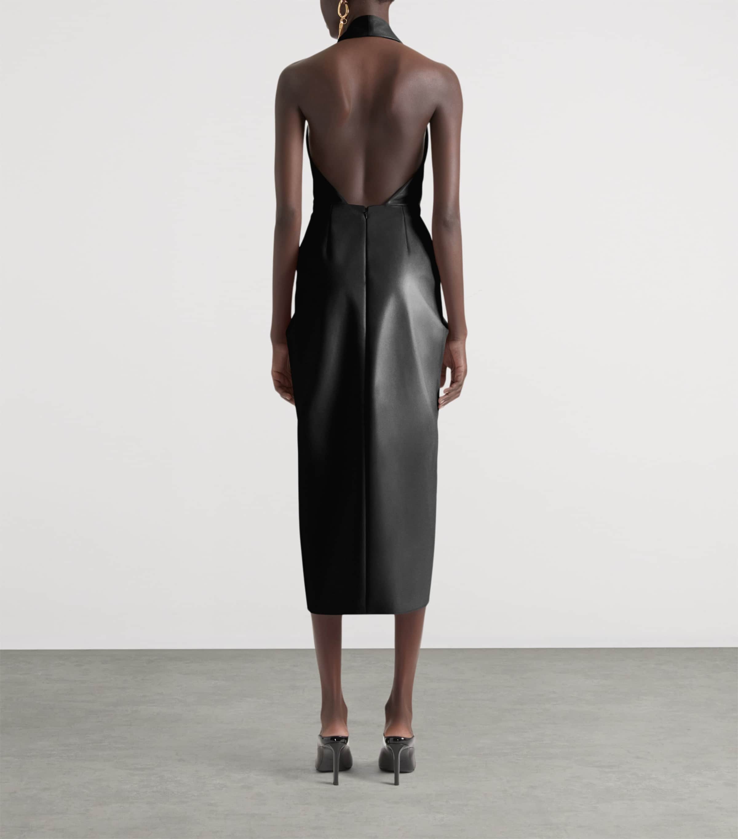 Leather Draped Midi Dress BLACK Image 4