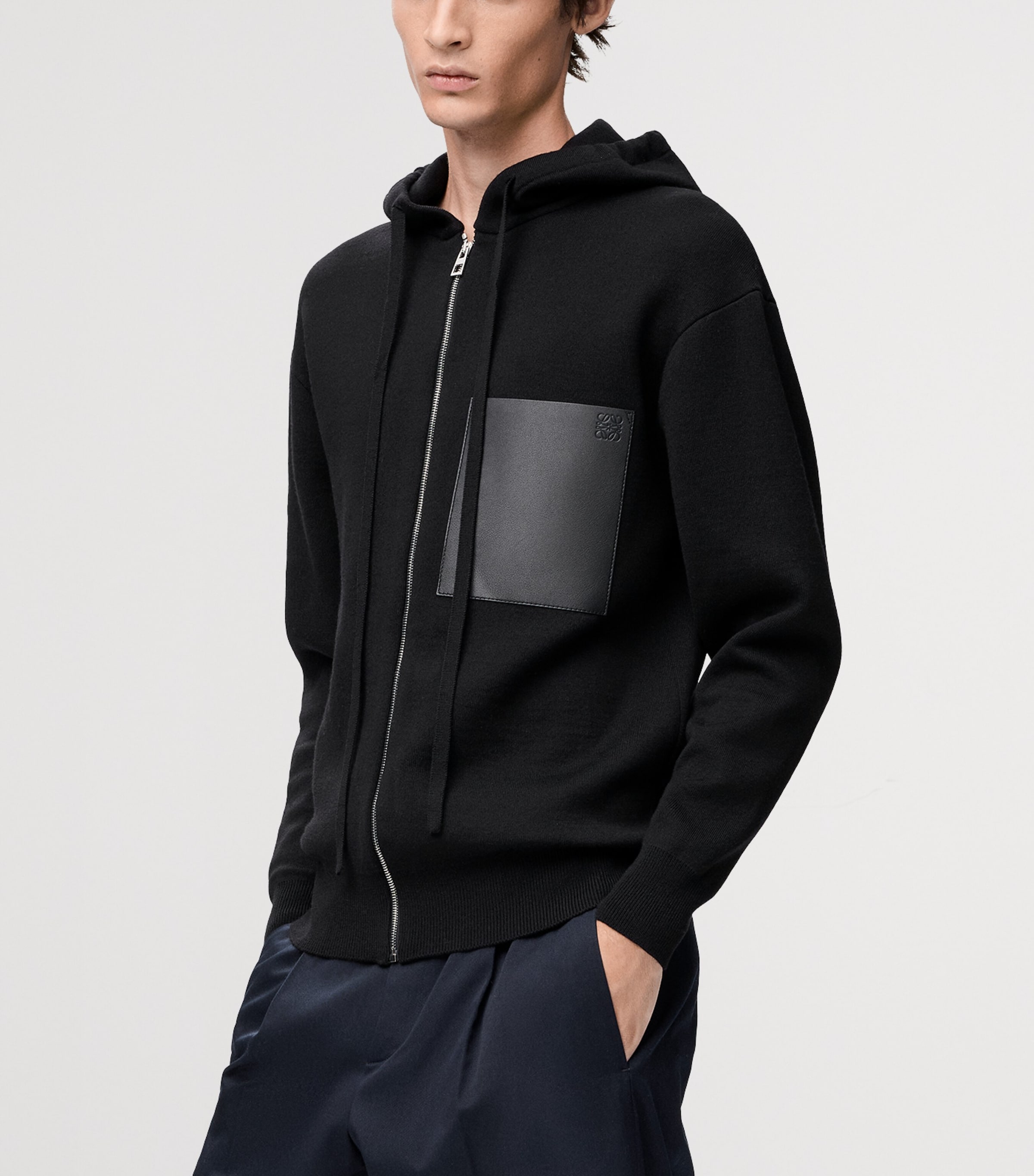 Wool-Blend Leather-Pocket Hoodie BLACK Image 3