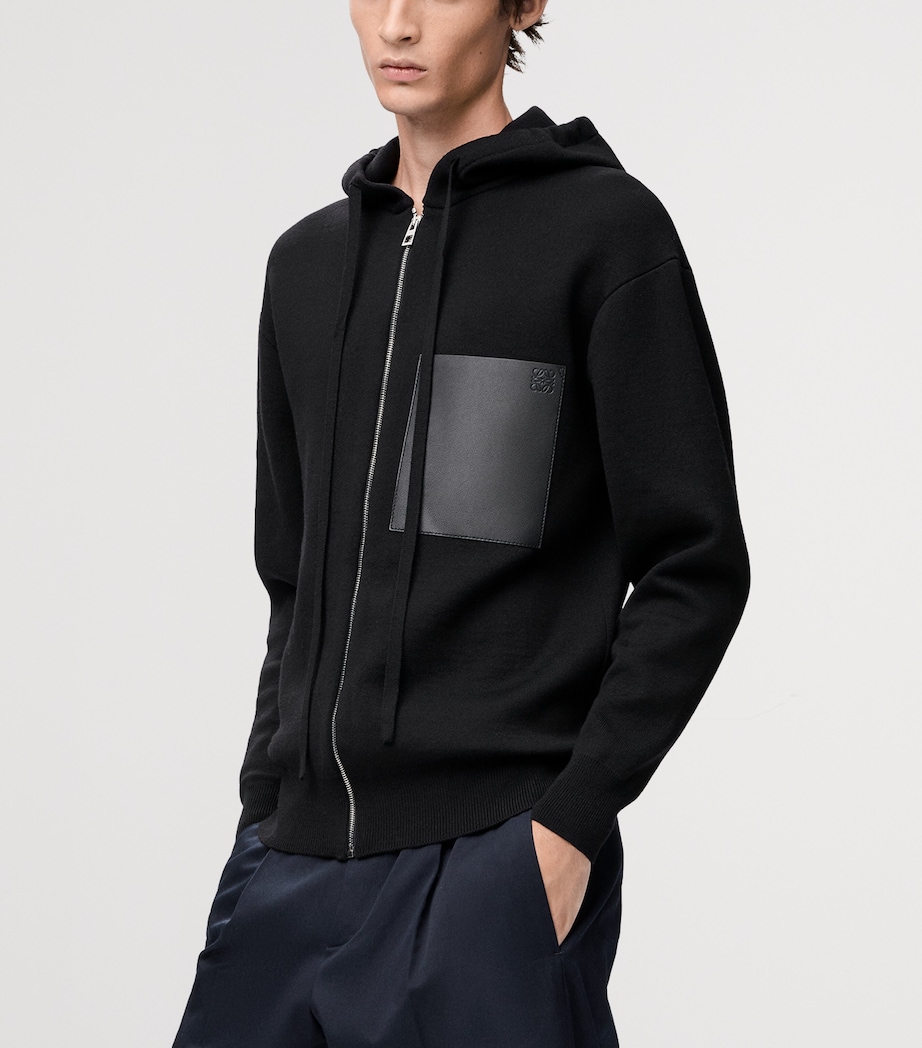 Wool-Blend Leather-Pocket Hoodie BLACK Image 3