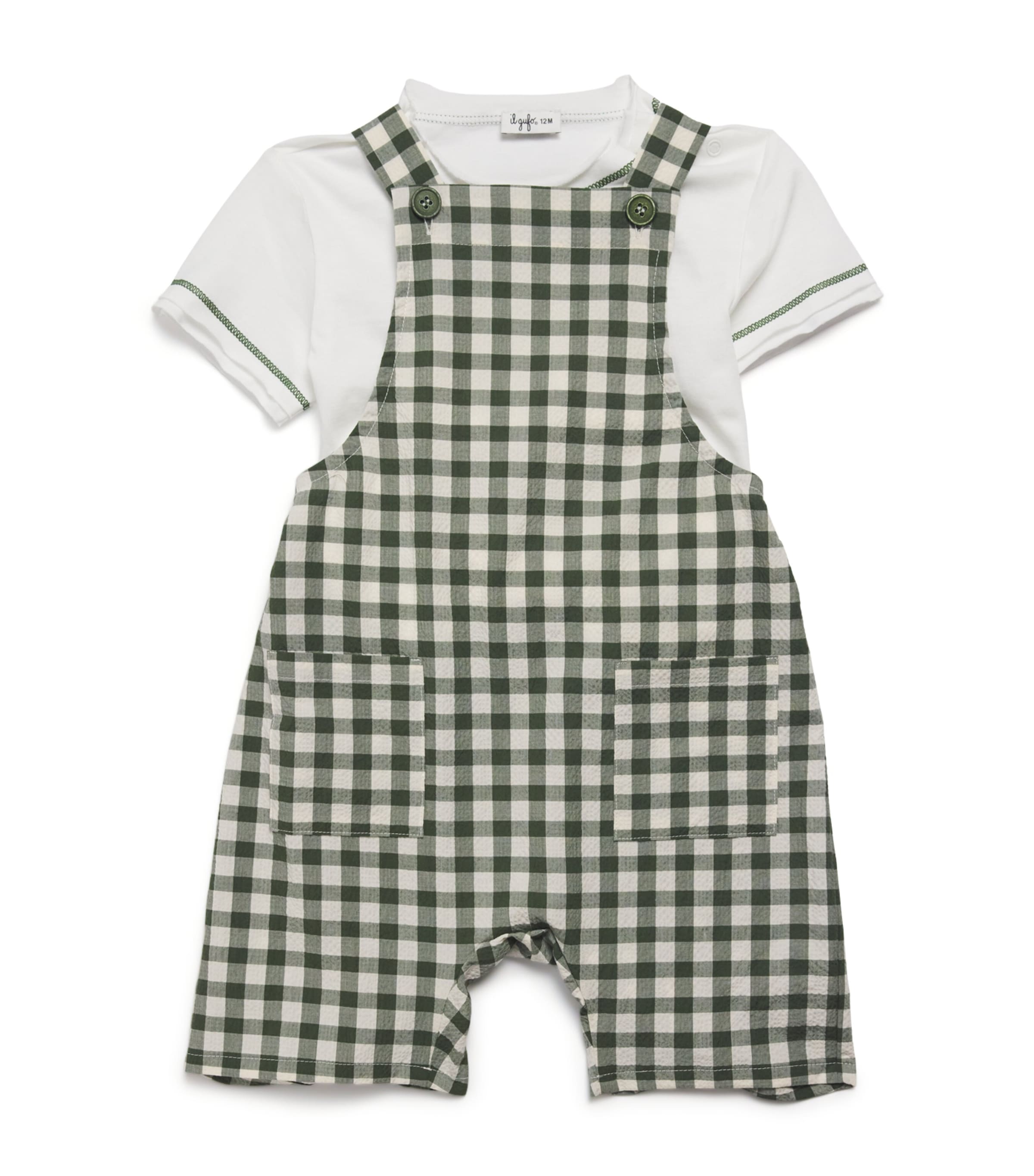 Il Gufo Check Dungarees And T-shirt Set In Green