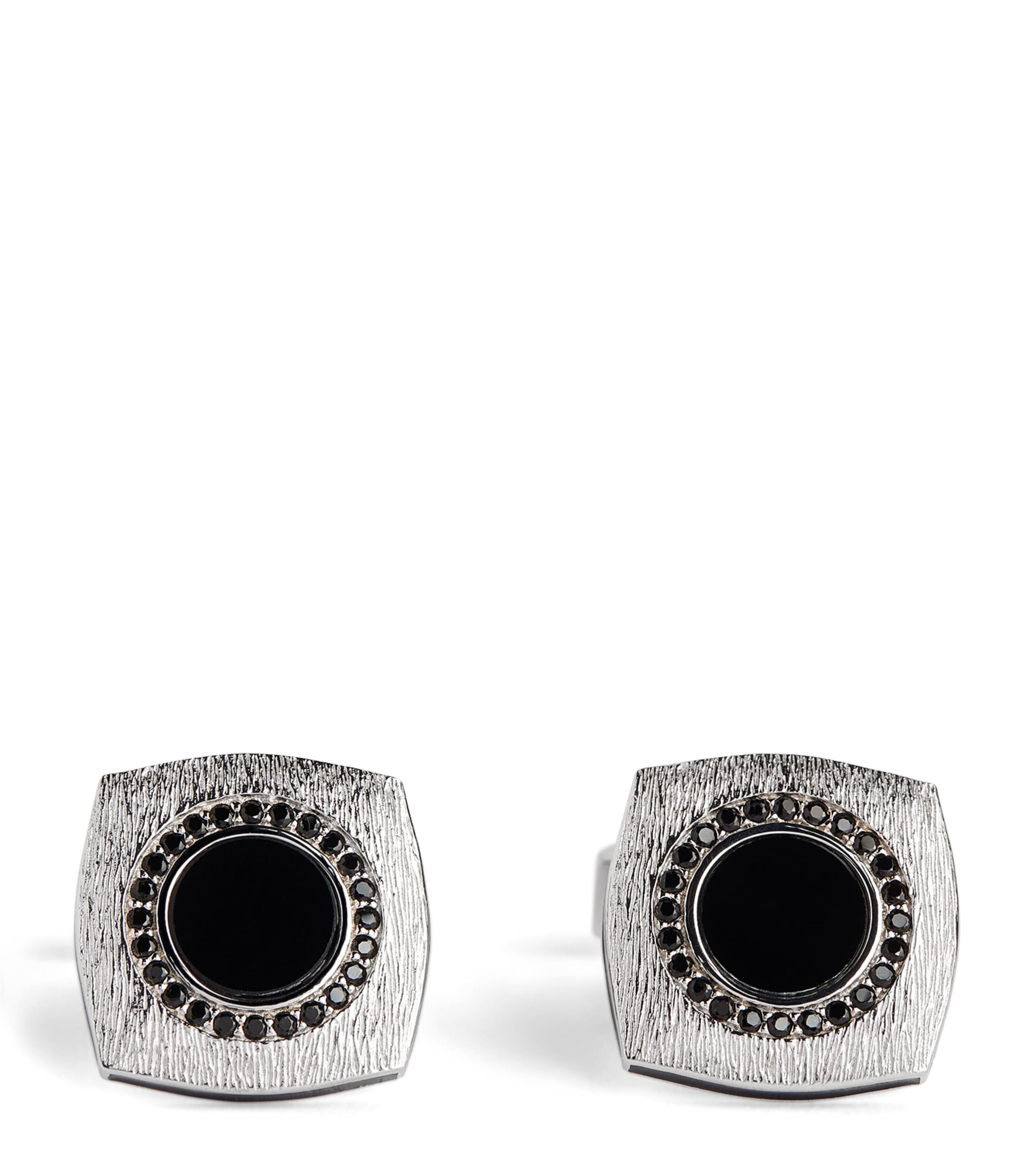 Tateossian Rhodium-Plated Graffiato Rounded Square Cufflinks Black Image 1