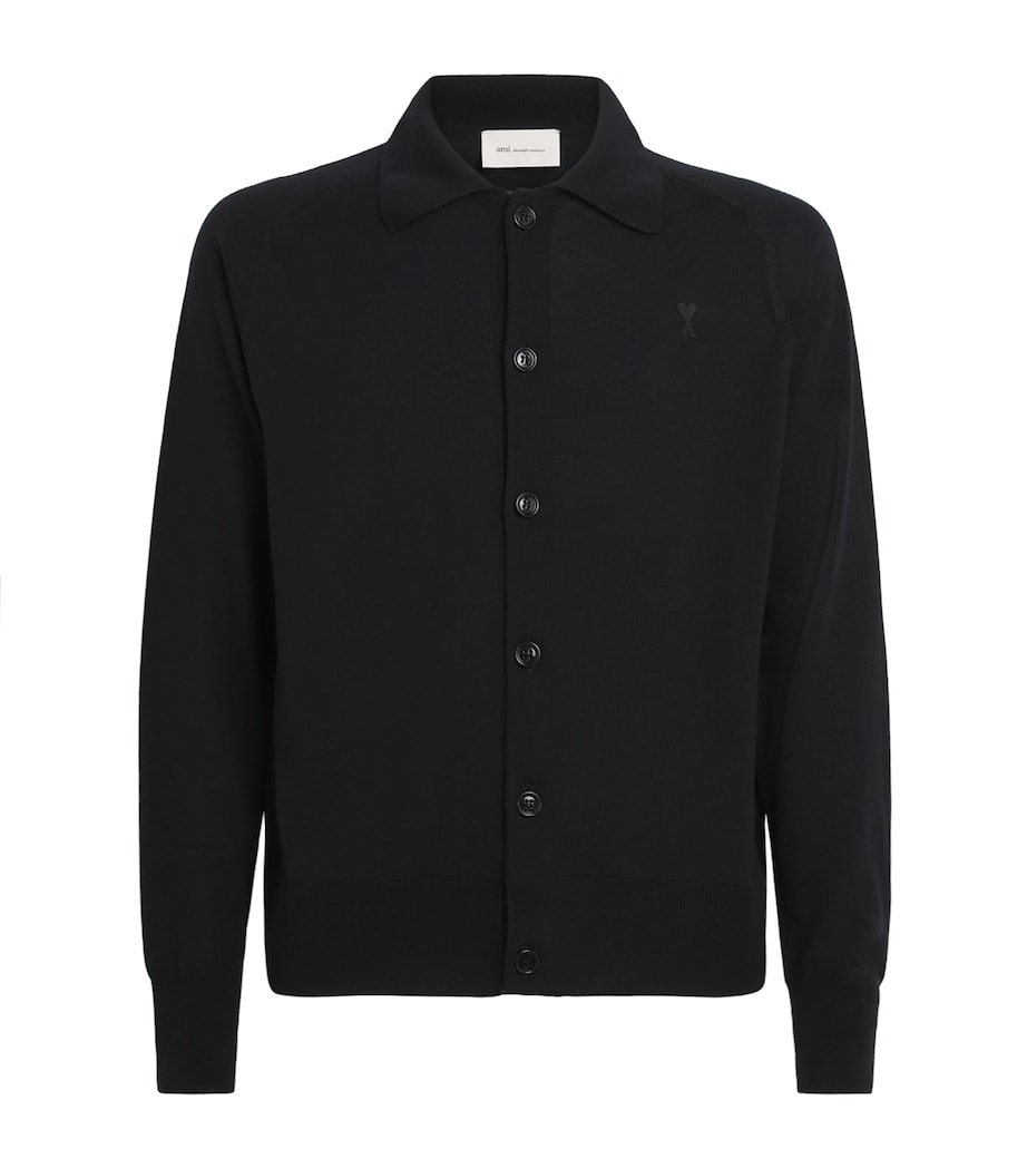 AMI Paris Mens Wool Collared Quota Cardigan Noir/noir Image 1