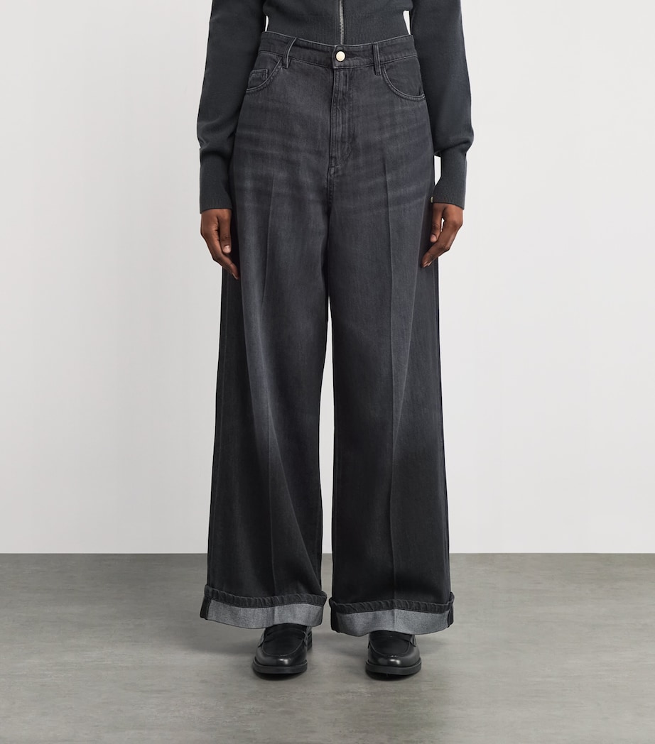 Turn-Up-Hem Wide-Leg Jeans BLACK Image 4