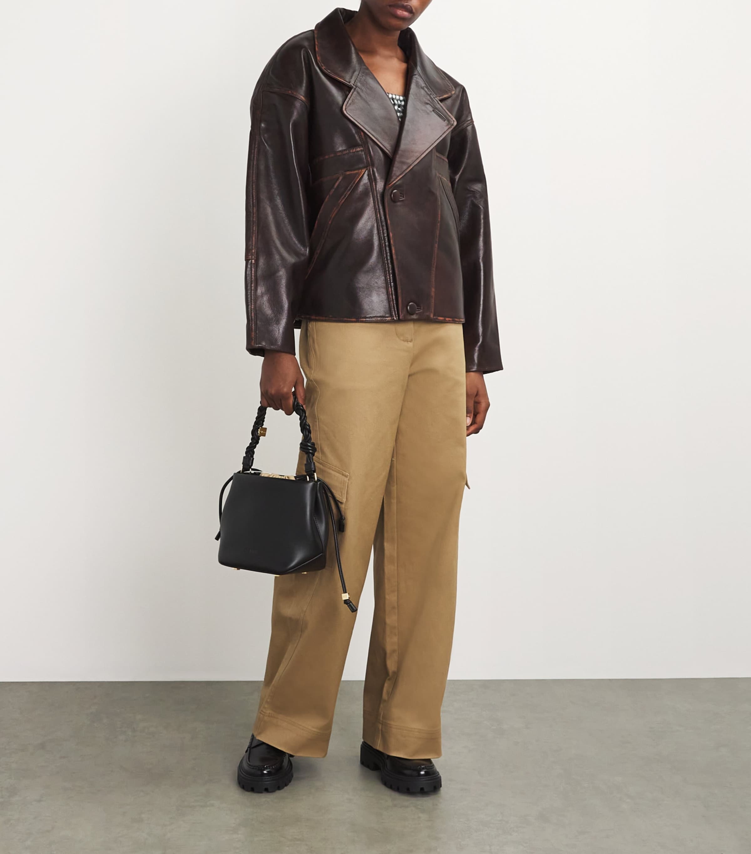 Sandro Paris Womens Double-Breasted Leather Jacket Brown Image 2
