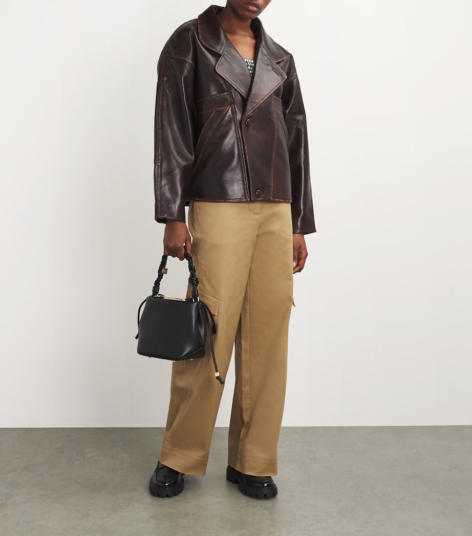Sandro Paris Womens Double-Breasted Leather Jacket Brown Image 2